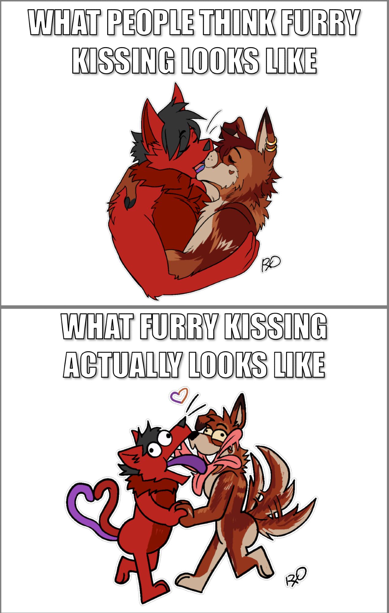 What People Think Furry Kissing Looks Like // What Furry Kissing Actually Looks Like meme, featuring Neltas and Tamale (art by RXQ)