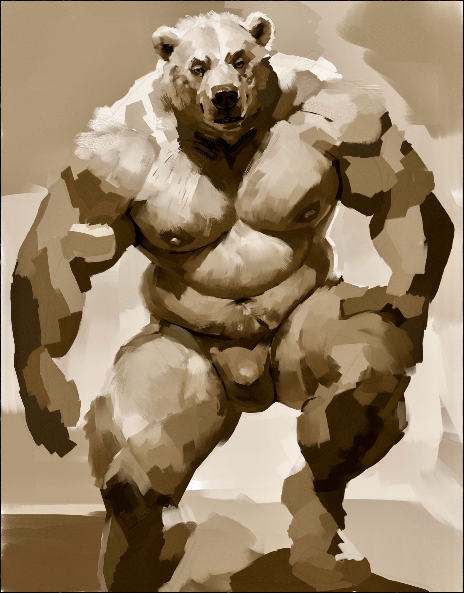 A werepolar bear exiting a body of water, he may not be wet but damn homie why do I feel all sweaty ?