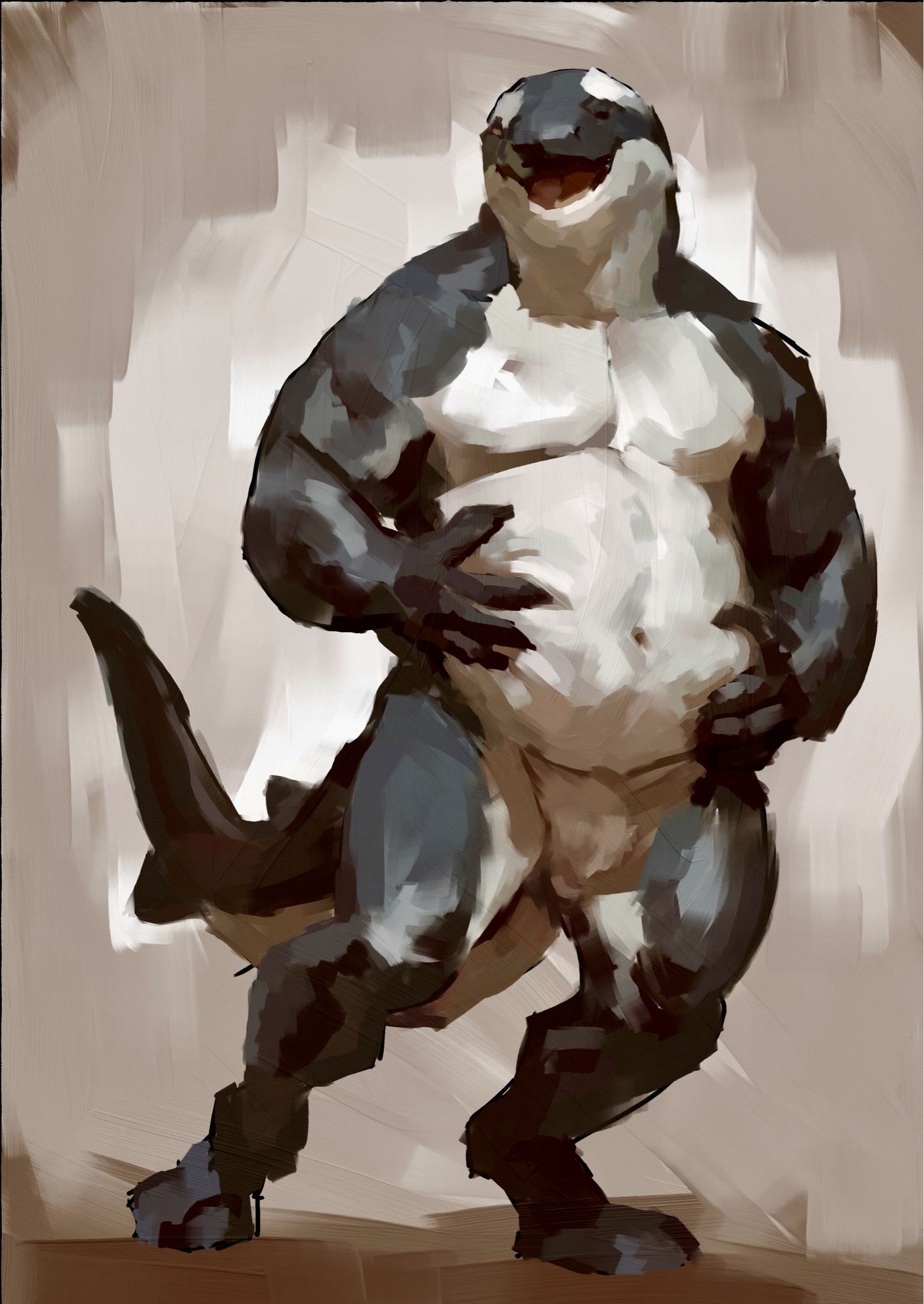 A were-orca smiling , holding his belly , filled with chicken nuggies