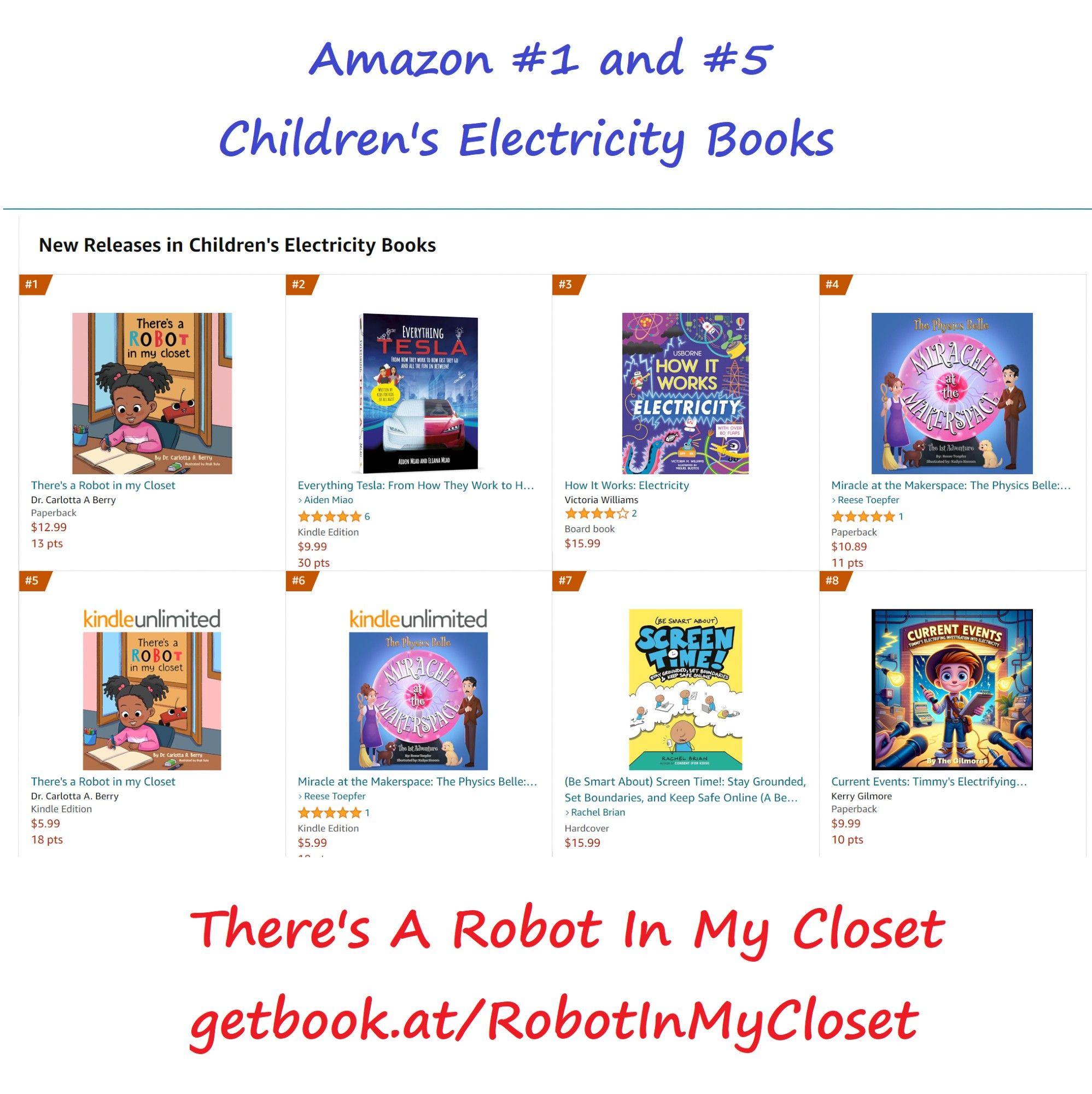 Amazon website screen shot of There's A Robot in my closet Kindle and paperback as #1 and #5 in Children's Electronics new releases.