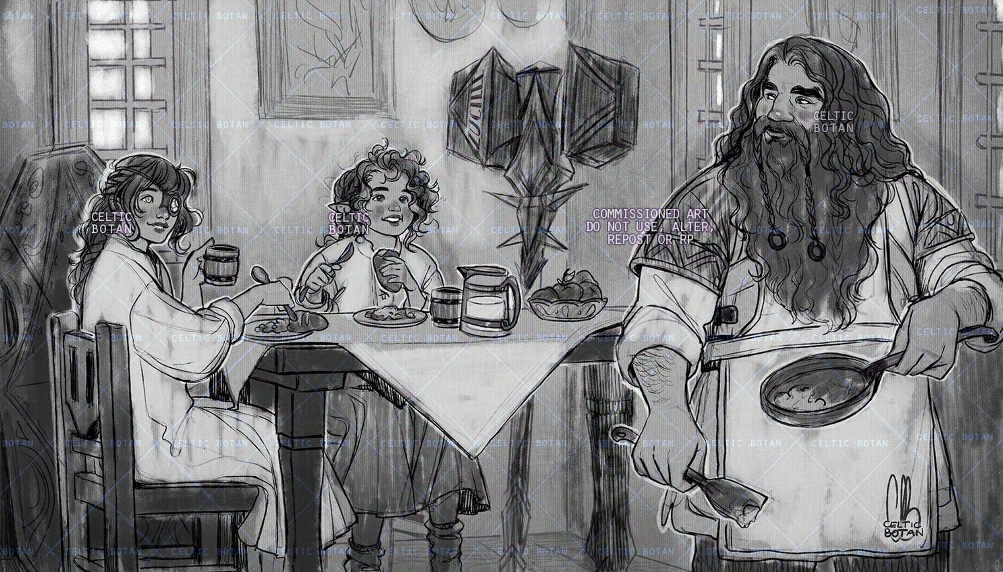 Digital commission art mimicking a traditional look / technique similar to graphite sketch. It's a breakfast scene featuring the commissioner's character Azelle, NPC Molly and another player's character, Dobrir; Molly isa white girl around 12, wavy hair in a braid and wearing an aid device on her left eye, because she's blind (with the device, she can see through that eye); Azelle is a little elven girl around 9yo, with curly hair all messy from sleeping. Dobrir is middle-aged looking dwarf with long wavy hair and long beard, his long mustache in braids. The girls are wearing long white nightgowns and sitting in a cozy kitchen having breakfast; they are smiling at Dobrir, already dressed up for work and wearing an apron. He's who's walking towards us, also with a smile on his face towards the girls. He's holding a skillet with some scrambled eggs in it he just served to the girls. Behind the girls, we can see Dobrir's shield and war hammer leaning against the wall