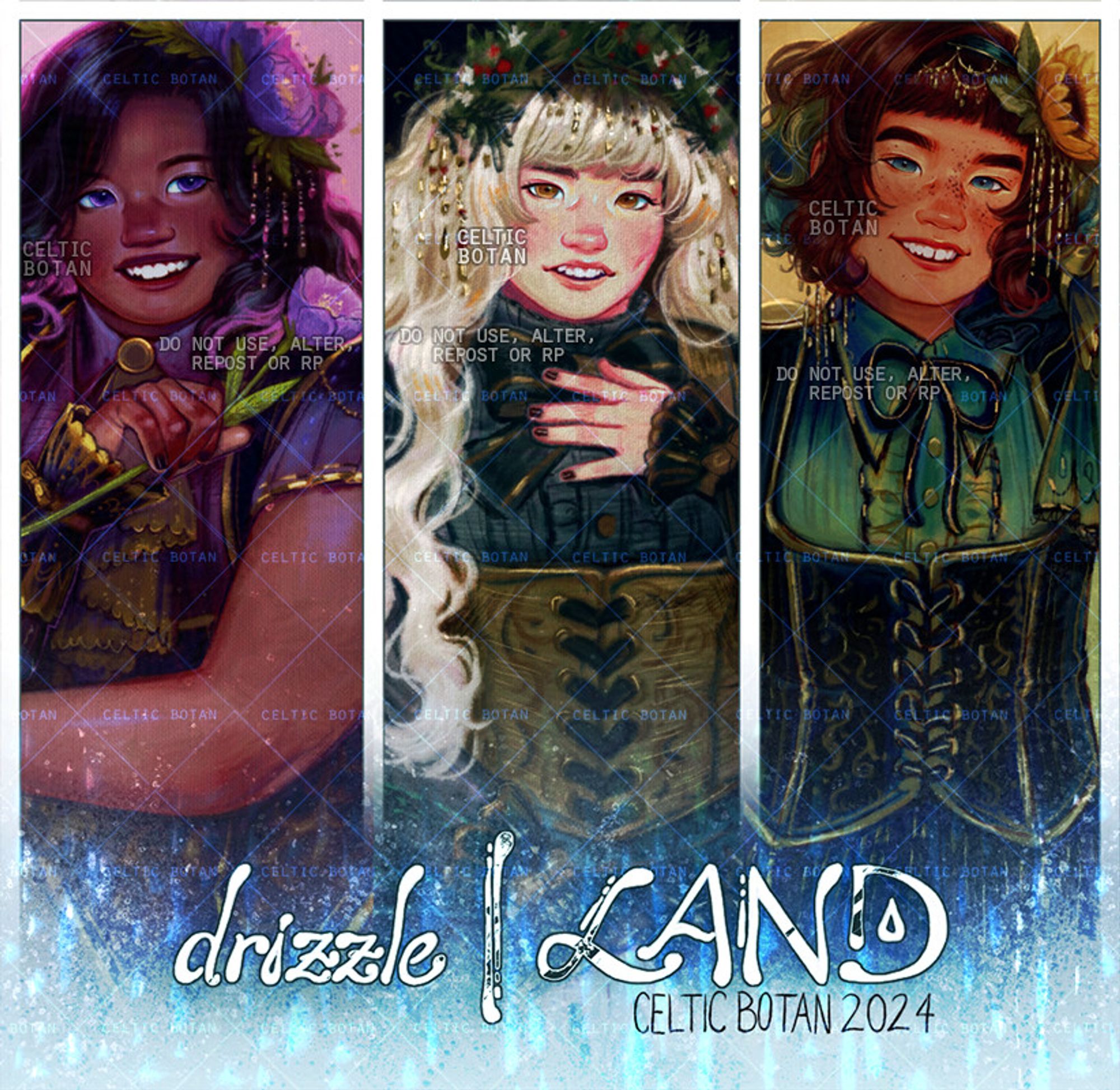 My OCs AME, YUKI and ARASHI respectively, from a fiction band I made up called "drizzle/LAND". They are side by side, the image edited in different squares where each member can be seen, mimicking an album cover or band poster with a logo saying "drizzleLAND" at the bottom. 

AME is fat and dark skinned, with straight dark hair dyed pink underneath, and purple eyes. YUKI is also fat, very pale skin and waist-lenght hair dyed white with her natural roots showing and a long fringe; her eyes are golden. ARASHI has tan skin, short auburn dark hair dyed teal on the tips. Her eyes are teal blue and she has freckles on her face. 

All characters are Japanese (AME is mixed race, Japanese/Brazilian) and all of them are wearing similar / matching outfits, AME wearing mostly purple and gold; YUKI dark teal and gold; and ARASHI dark blue, light teal and gold. All of them are smiling, and they have flowers and gold jewelry that looks like drops of rain decorating their hair