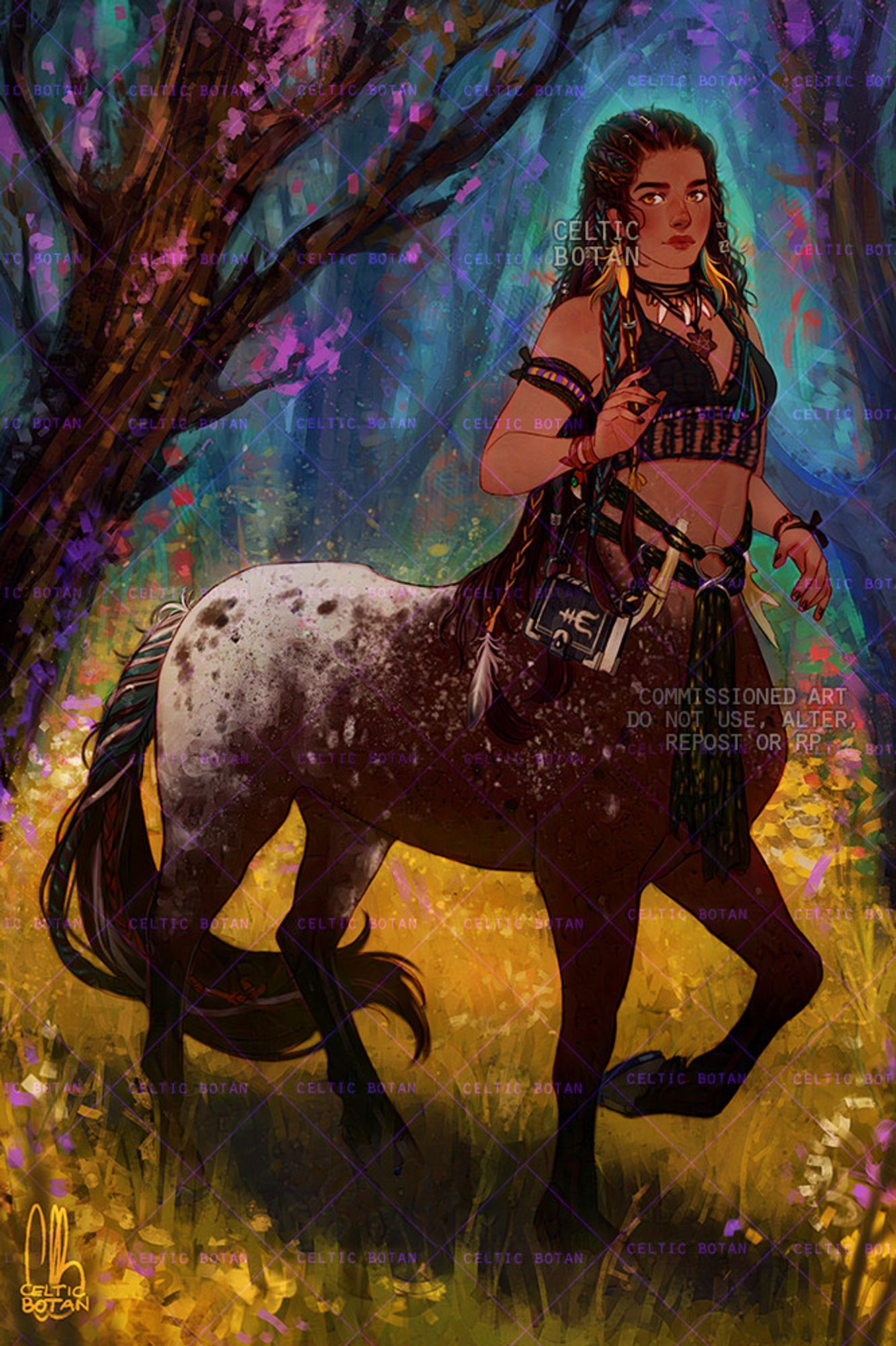 Digital art, colored; full body commission of a centaur girl walking through a colorful forest; she's looks in her early 20s, and she has long dark, braided hair and a tan/dark skin tone, and light brown, golden eyes. She's wearing a black top covering her human torso, and a book and many accessories hanging from a belt on her waist. Her horse half is brown with white spots, and a large white portion on the back.