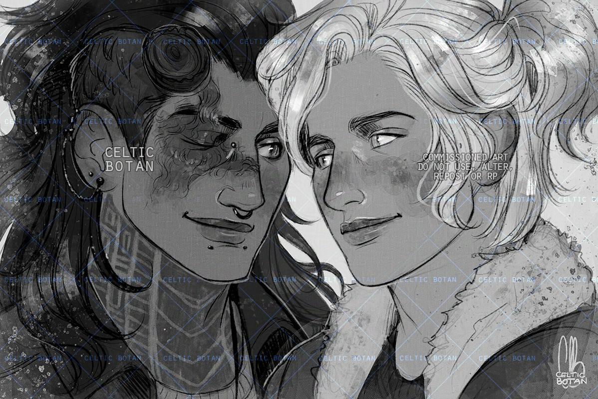 Black & White digital art commission, mimicking a traditional drawing, graphite-style! Bust of the client's and friend's OCs, Mathias and Shiloh. Mathias is a masc-looking person with a tan/olive skin, dark, wavy mohawk-styled hair and horns on his forehead that are cut down to stubs, close to his skull. He has piercings on his nose, lips and ear, and a tattoo on his neck, of geometric/rectangular shapes inked in solid black. Mathias has a burn scar over his right eye, which is damaged, and closed; his other eye is dark, and he's wearing an open shirt over a t-shirt. Shiloh is a masc-looking person with white skin and hair, and silvery eyes. Their hair is held back in a half ponytail on the back of his head. He's wearing a t shirt covered in a jacket with a fluffy, white fur collar. Mathias and Shiloh are both looking at each other with a loving and sweet expression!