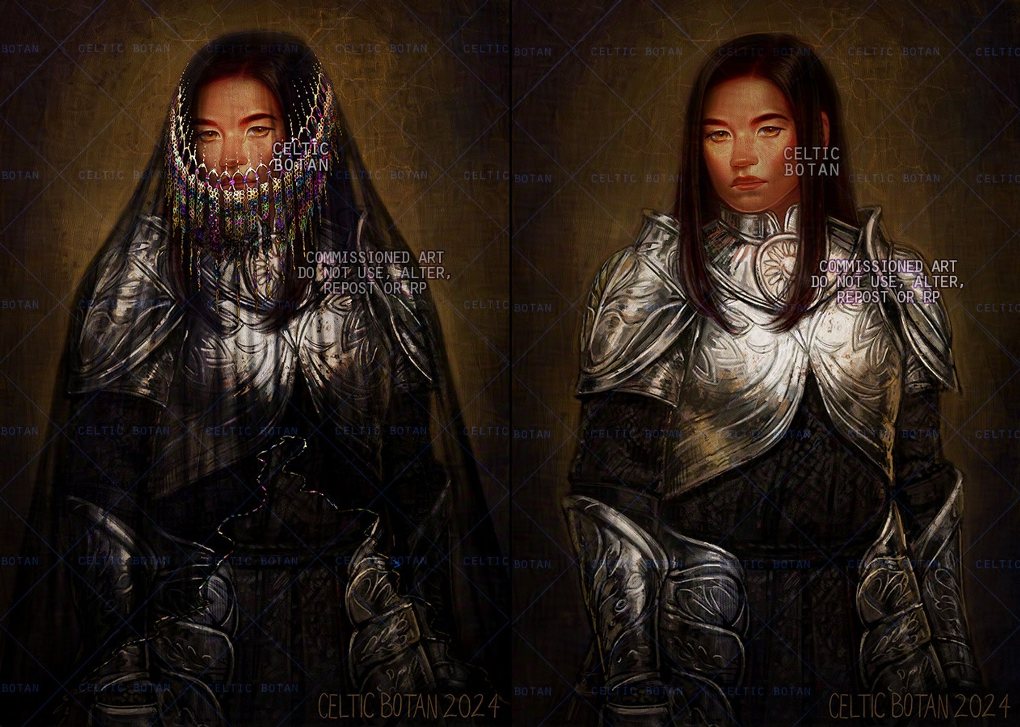 Digital commissioned art, mimicking oil painting techniques. A Southeast Asian woman looking to be around her mid 20s/early 30s. Her skin is light tan/ light olive, she has yellow eyes and dark, straight hair a little below her shoulders. She's wearing a full plate silver armor, decorated with engravings of leaves, plants, flowers. She's looking at us, standing still, with a serious / formal expression. There are two versions of the same image, the first one she has a long, thin, translucent black veil covering her head; the veil has colorfull metal jewelry hanging on it, around her head, covering part of her face. On the second version, she is not wearing the veil and we can see her face fully.