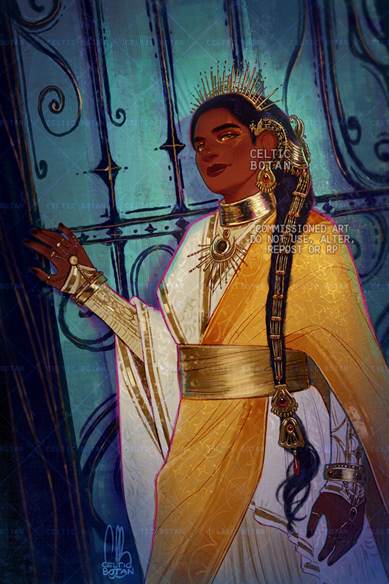 Digital art, colored; Commission of the client's OC, Yūni, standing next to a blue, decorated door. Yūni is a South East / Indian woman in her 30s, her skin is a warm shade of brown and her very long, braided hair is jet black, with blue-ish reflections. Her eyes are gold-yellow. She's wearing clothes of Indian origin, white and yellow, and she's wearing lots of jewelry made of gold and rubies on her head, hair and hands. She's standing next to the blue door, looking at us with a soft smile