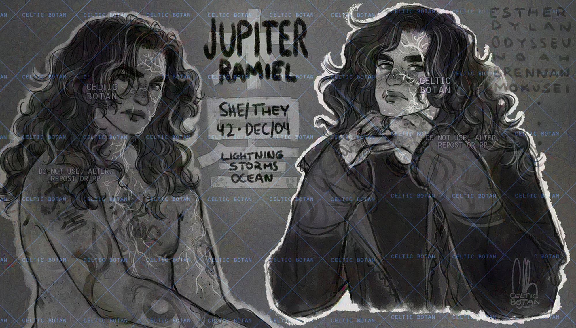 B&W drawings of my OC Jupiter a they/she non-binary person; age 42, with medium length brown curly hair with some white already showing up; on the left side, there's a longer, braided hair section. Her skin is tan and heavily freckled, and covered in tattoos. In one of the drawings, Jupiter is shirtless, showing the tats; their bodytype is broad, muscular/fat; on the other drawing, they are wearing an embroidered overcoat. Her expression is serious, almost angry, and they have a lichtenberg scar (caused by being struck by lightning) running down the left side of her face and down her neck and chest. Around the image, theres text: "Jupiter Ramiel; she/they; 42; Dec 04; Lightining, storms, ocean; Esther, Dylan, Odysseu, Noah, Brennan, Mokusei (her aliases / alt names)". The kanji 木星 can be seen on the background and tattooed on their arm ("Mokusei", the name of planet Jupiter in Japanese)