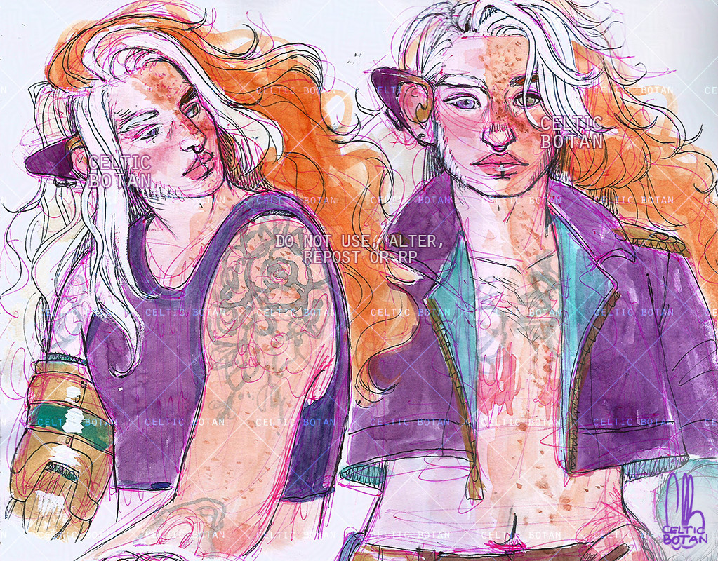 Black and pink ballpoint pen sketches on paper, colored with a light wash of watercolors. My OC Cassie (he/him), a white trans man whose right side is affected by albinism and other disabilities (blind eye, blue on that side; prosthetic robotic arm, metallic gold and teal; an elf-ear shaped cochlear implant; white hair on that half). On his other left side, his skin is freckled, his eye is green and his hair is red. His hair is waist length and wavy-to-curly, and he has some facial hair on the sides of his jaw. He has a big tattoo of roses and myrtles on his shoulders and chest (the flowers of goddess Venus; Venus is one of Cassie's aliases);  he has top scars visible. He's sitting down looking to the side and wearing a violet cropped on one of the drawings and on the other, he's standing, looking at us, and he's wearing a violet and teal cropped jacket.