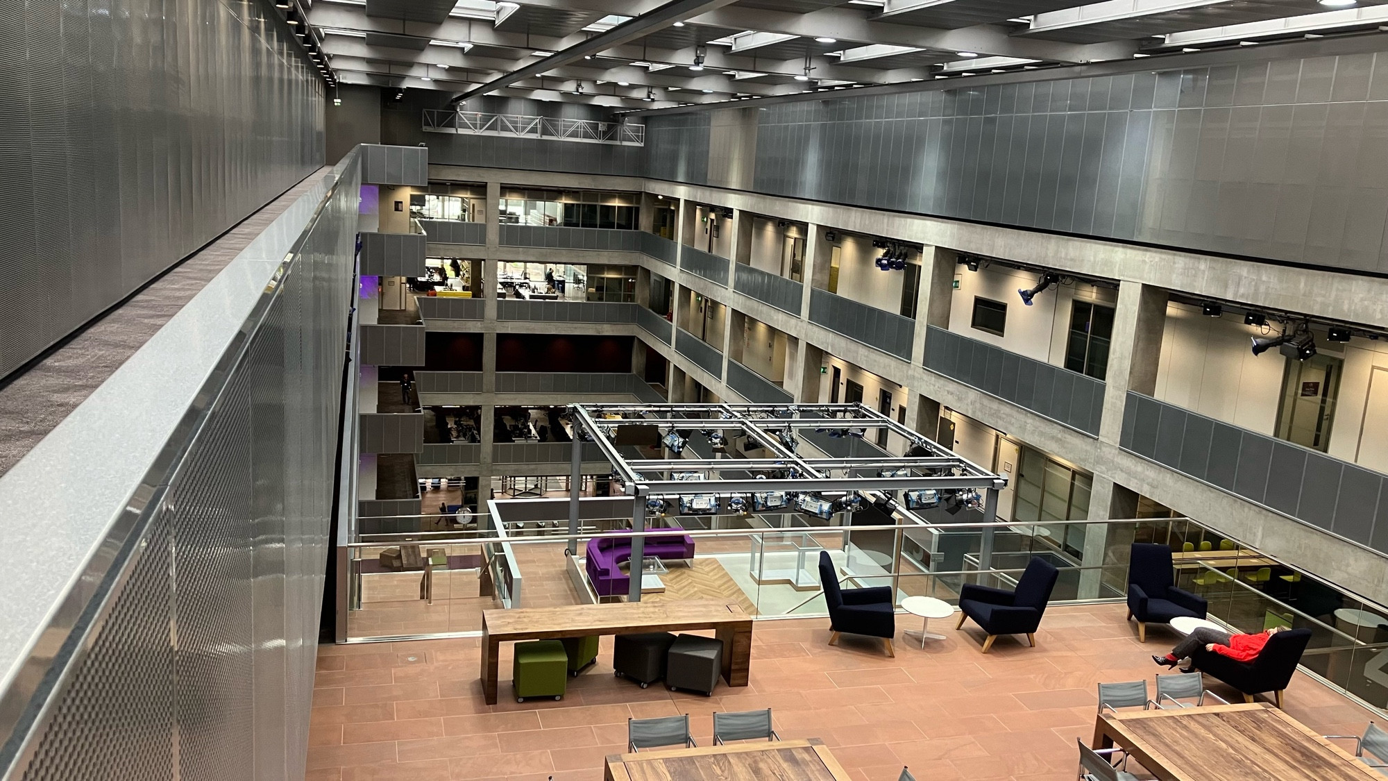 BBC Scotland's Pacific Quay looking down towards the front of the building from the 5th floor