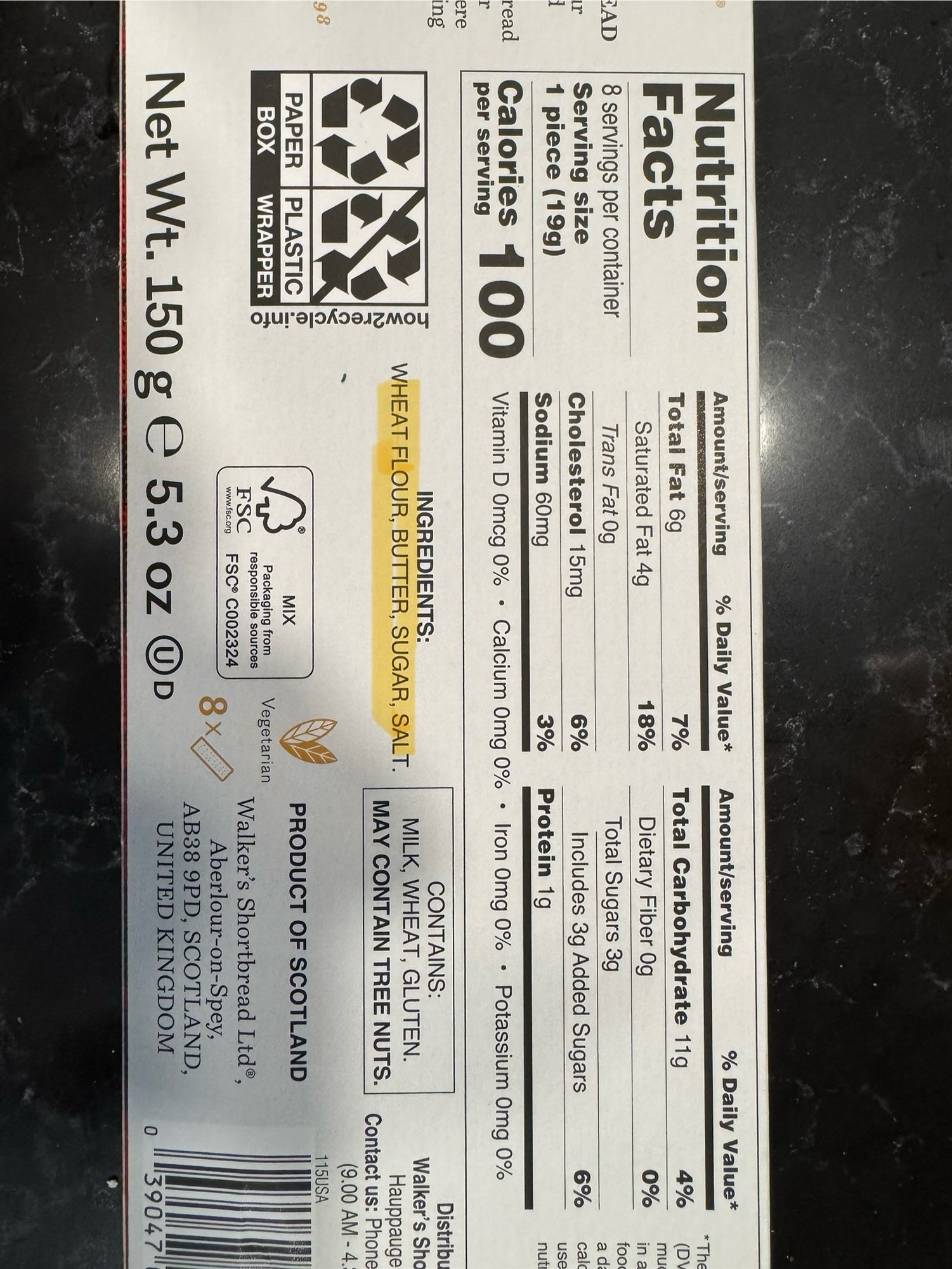 The image displays the nutritional facts label for a food product, including serving size, calories, and various nutrients like total fat, cholesterol, sodium, carbohydrates, and protein. It also lists ingredients, which is just 4 wheat, butter, sugar and salt