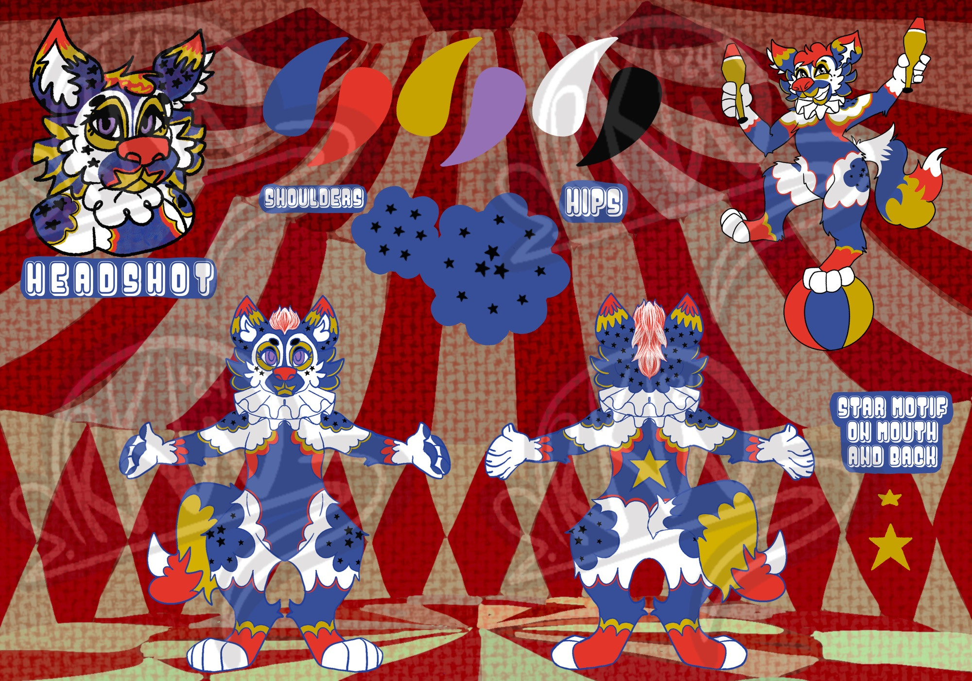 full character refsheet for a clown themed circus puppy fursona design. the backdrop is a red and white circus tent and on top is the character who is red white blue and yellow with a clown ruff around her neck and a chador style mask coloring on her face 