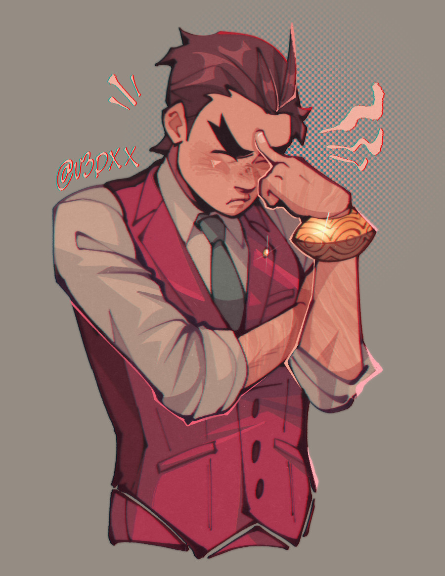 A digital drawing of Apollo Justice doing his thinking sprite. He has freckles on his nose and burn scars on his arms. His finger is prodding at his forehead while he pouts as he concentrates.