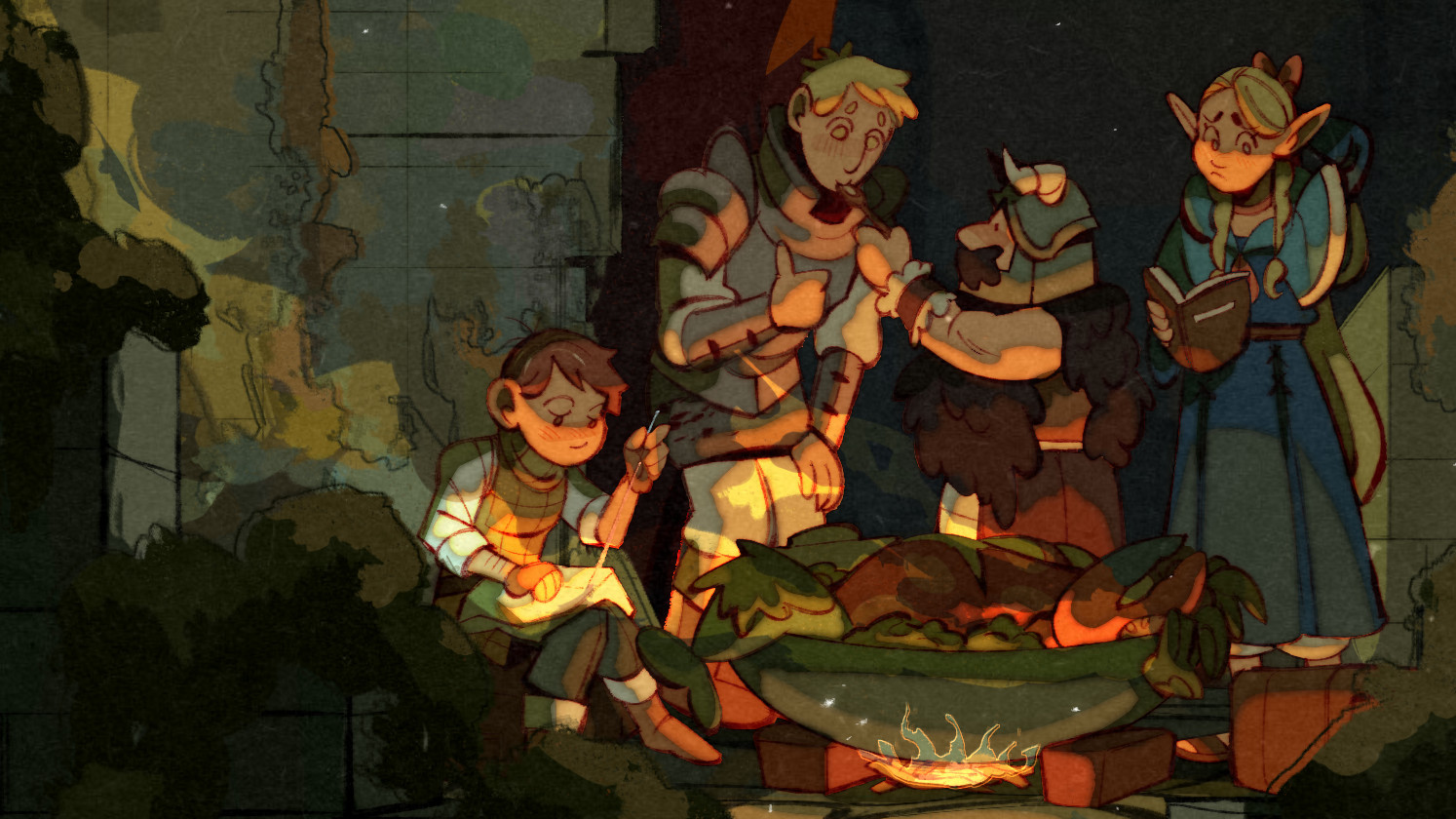 Cropped fanart showing Laios's party from Dungeon Meshi cooking together.