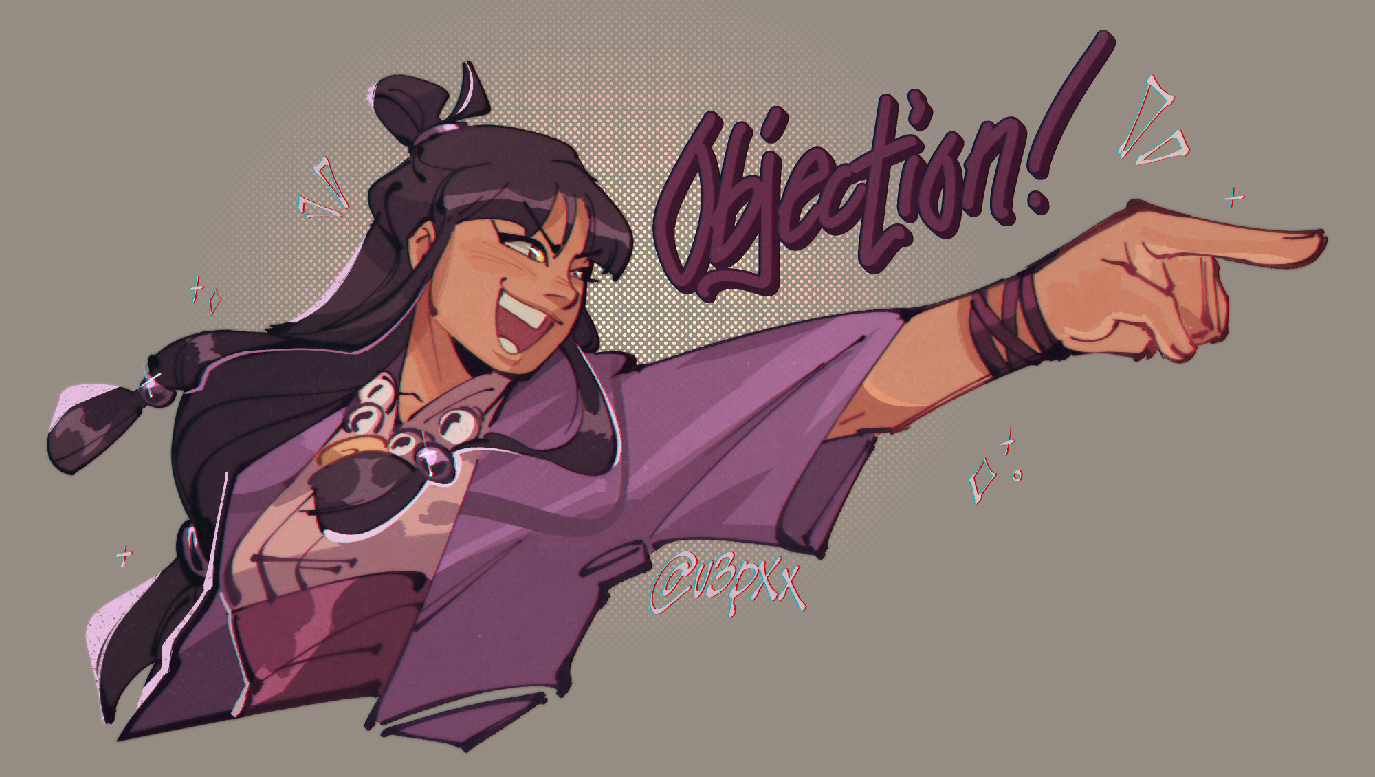 A digital drawing of Maya Fey with her arm outstretched and finger pointing, much like the pose Phoenix Wright does. She is yelling "Objection!" in a enthusiastic manner.