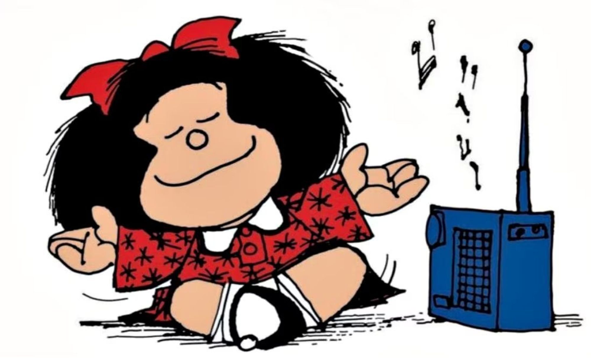 Dibujo de Mafalda (de Quino) escuchando la radio con una sonrisa.