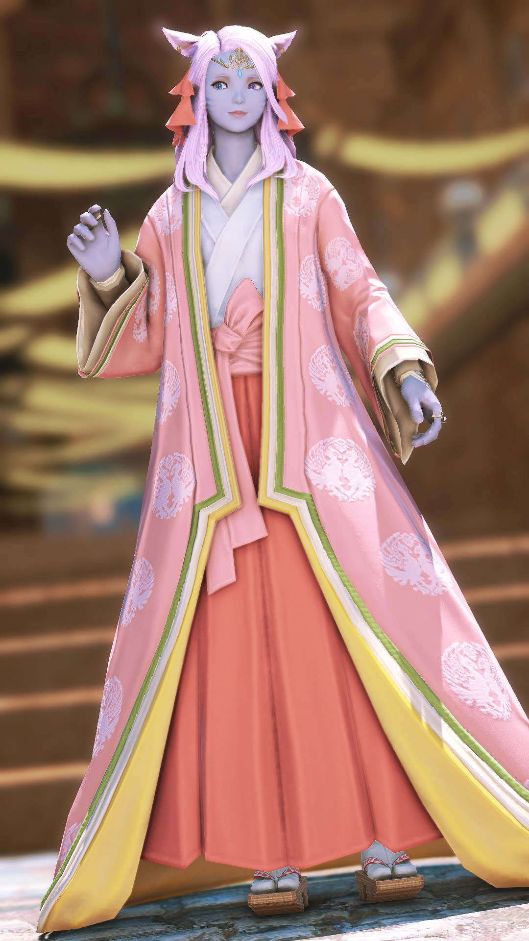 Ehryu standing primly on the streets of Ul'dah.

Thavnairian Headdress (Coral Pink/Bone White)
Shishu Gozen Kochiki (Rose Pink/Bone White)
Virtu Dancer’s Armlets (Bone White)
Rakshasa Hakama of Aiming (Coral Pink)
Yakaku Geta (Coral Pink/Snow White)
Weathered Earrings
Augmented Crystarium Ring of Aiming (Both Hands)