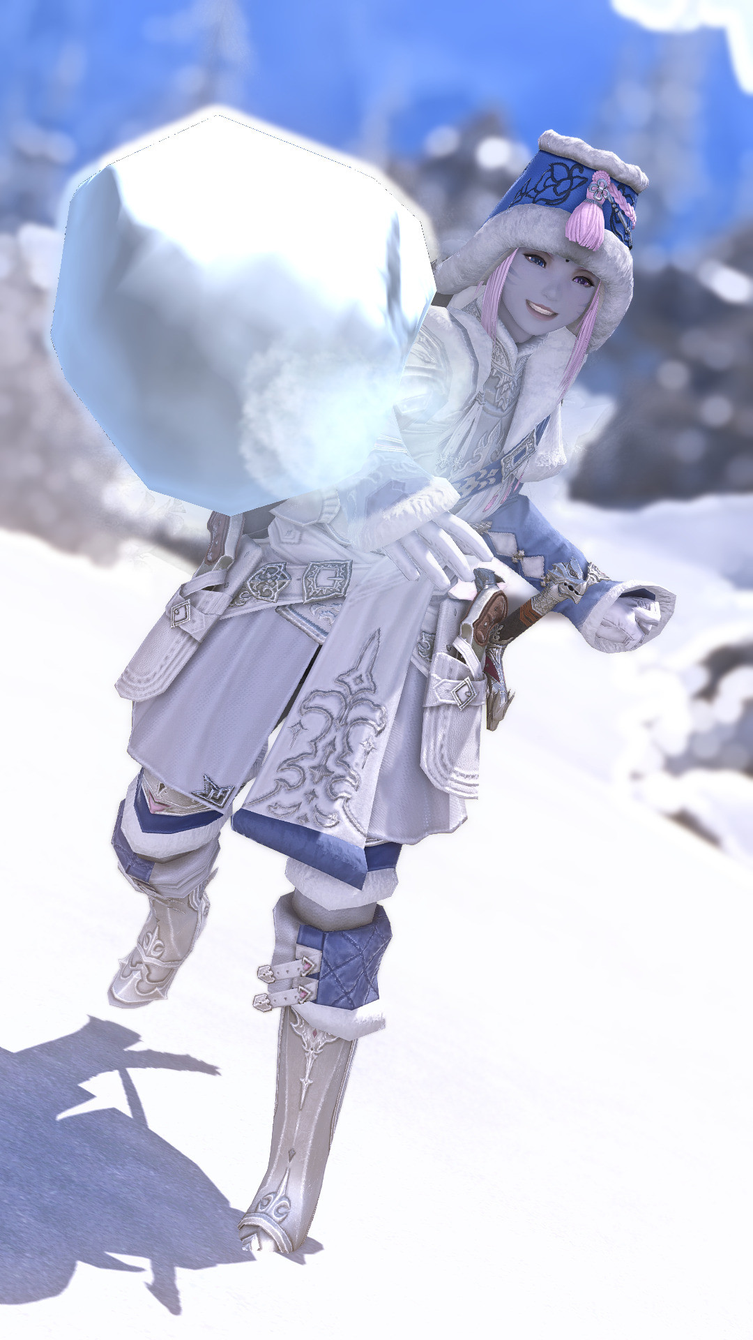 Ehryu in Coerthas, grinning and throwing a snowball at the camera.

Neo Kingdom Tulwar (Snow White/Cherry Pink)
Neo Kingdom Kite Shield (Snow White/Raptor Blue)
Far Eastern Maiden’s Hat (Raptor Blue/Lotus Pink)
Darbar Jacket of Fending
Songbird Gloves
Limbo Skirt of Fending
Darbar Boots of Fending