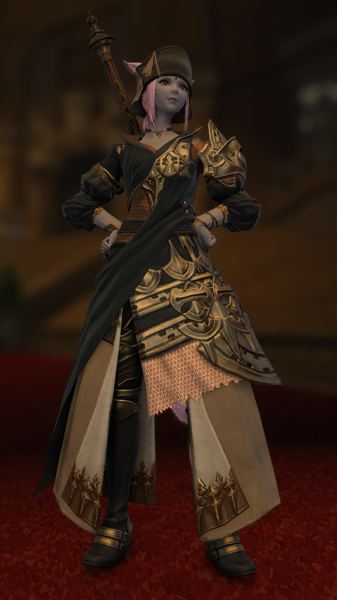 Ehryu standing heroically on the Royal Promenade in Ul'dah.

Palaka Claymore
Linen Deerstalker (Soot Black)
Midan Coat of Fending
Thavnairian Armlets (Jet Black/Aldgoat Brown)
Augmented Lunar Envoy’s Trousers of Fending (Shale Brown)
Neo-Ishgardian Sollerets of Fending
Weathered Earrings
Manalis Choker of Fending
Dravanian Ring of XXXXX (Right)