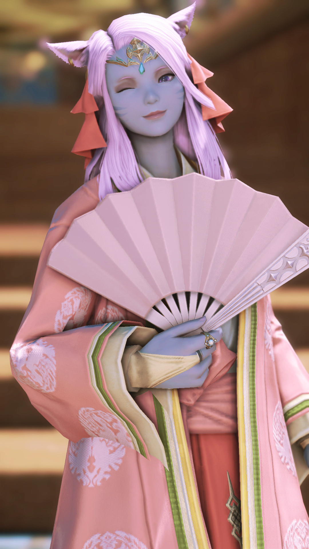 Ehryu on the streets of Ul'dah, holding a fan in front of herself and winking.

Thavnairian Headdress (Coral Pink/Bone White)
Shishu Gozen Kochiki (Rose Pink/Bone White)
Virtu Dancer’s Armlets (Bone White)
Rakshasa Hakama of Aiming (Coral Pink)
Yakaku Geta (Coral Pink/Snow White)
Weathered Earrings
Augmented Crystarium Ring of Aiming (Both Hands)