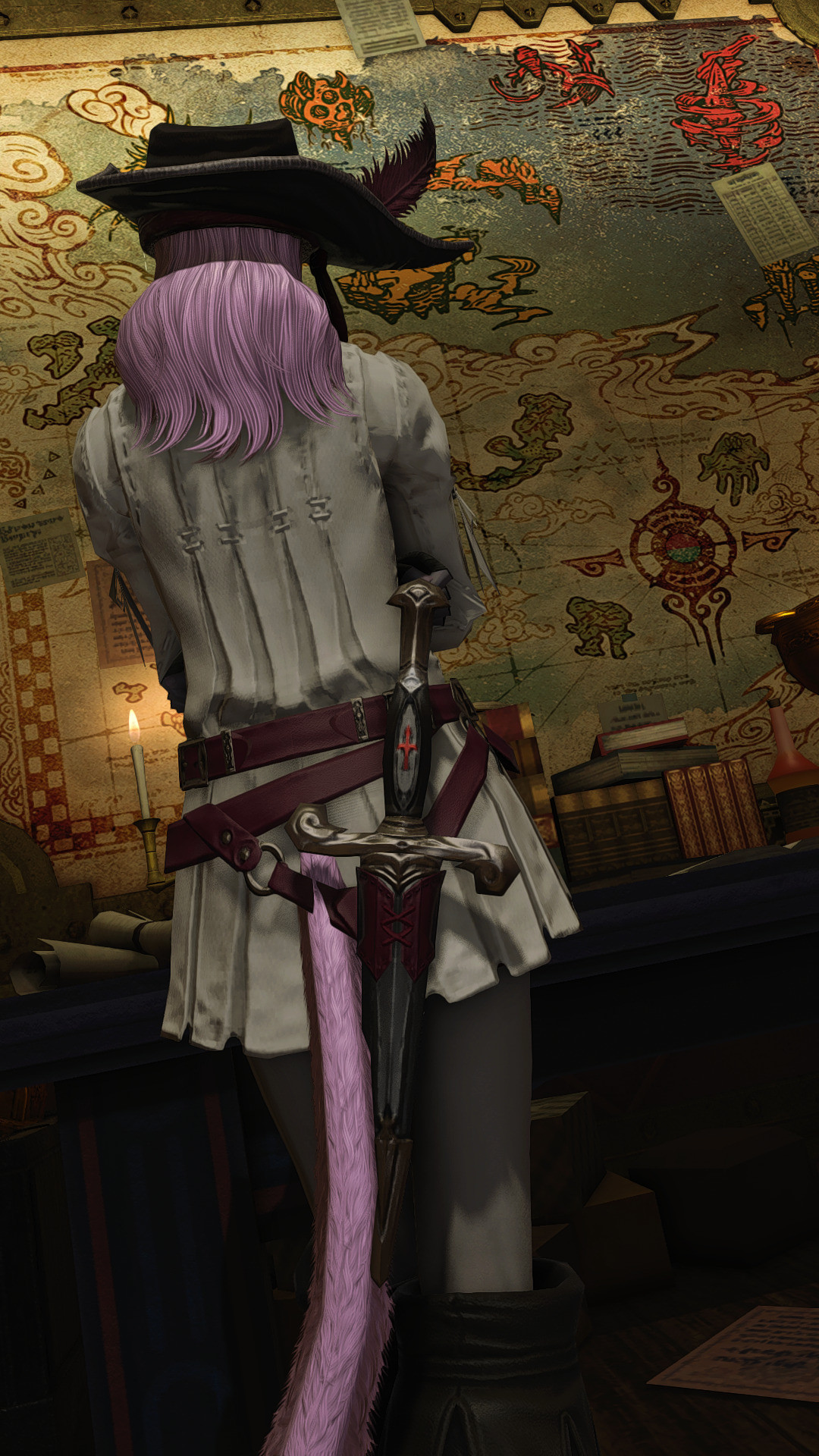 Ehryu seen from behind inspecting the map in Leofard's Quarters.

Gemsoph’s Hat (Rolanberry Red/None)
Falconer’s Shirt (None/Rolanberry Red)
Wayfarer’s Fingerless Gloves (Soot Black/Rolanberry Red)
Far Eastern Maiden’s Bottoms (Rolanberry Red/Ash Grey)
Wayfarer’s Boots (Soot Black/Rolanberry Red)
Redbill Scarf