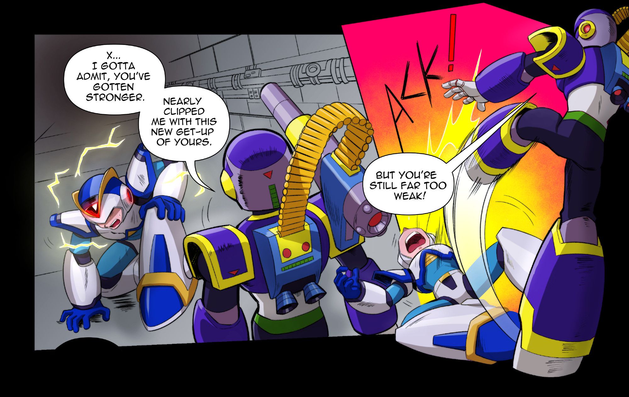 Panel 1, Megaman X in his Full Armor is on his knees, stunned by an electric effect. Vile approaches menacingly from the foreground, text reads "X... I gotta admit, you've gotten stronger. Nearly clipped me with this new get-up of yours."

Panel 2, a sunburst background, Vile swings a kick into X's face, sending him reeling backwards yelling "ACK!" we see the impact effects. Text reads "But you're still far too weak!"

Colours are done in a 3 tone anime cel shaded style, with occlusions, bloom and glow effects on gems and electricity