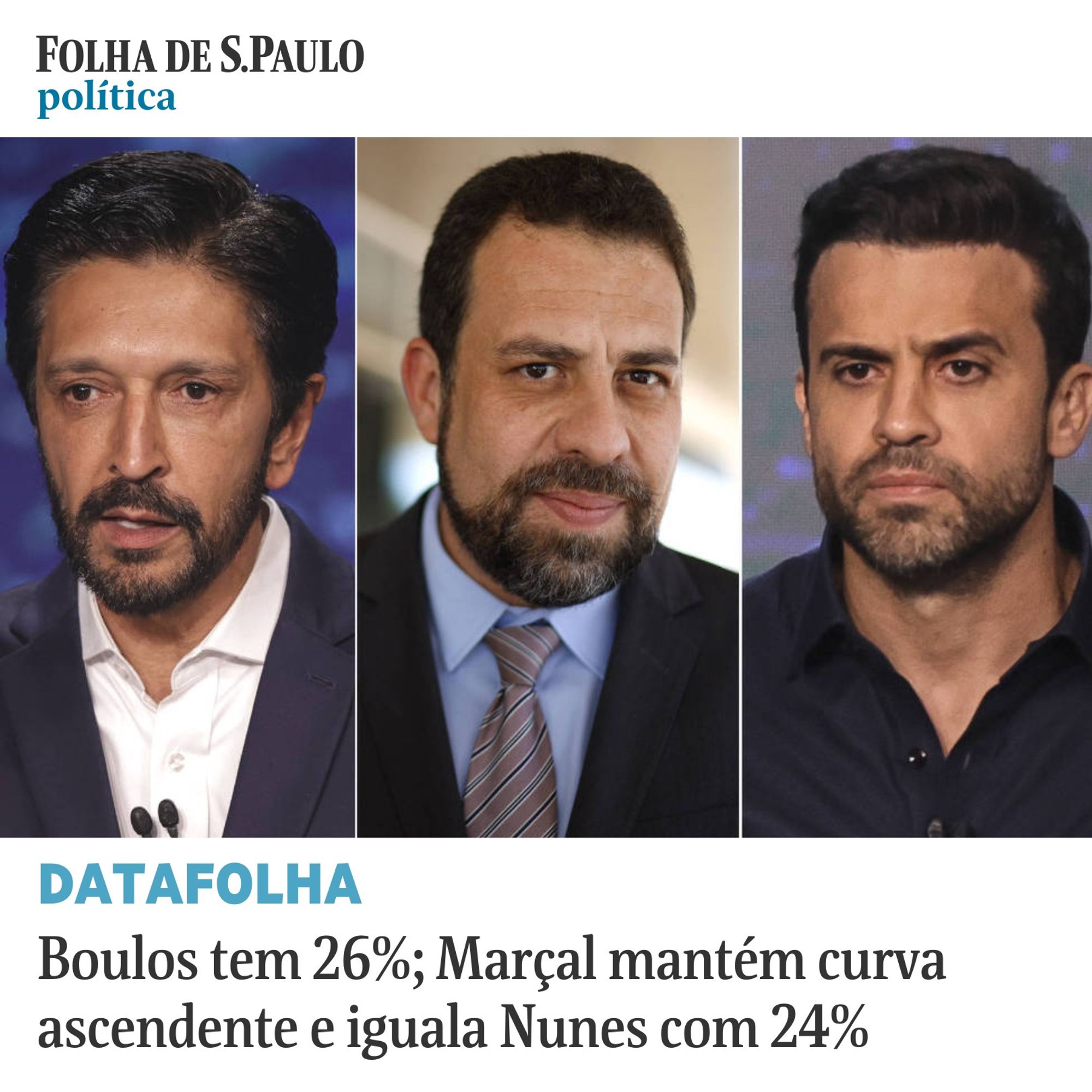 Montagem mostra, da esquerda para direita, Nunes, Boulos e Marçal. Abaixo da imagem há o texto: "Datafolha: Marçal perderia para Boulos e Nunes em 2º turno, e prefeito venceria deputado"