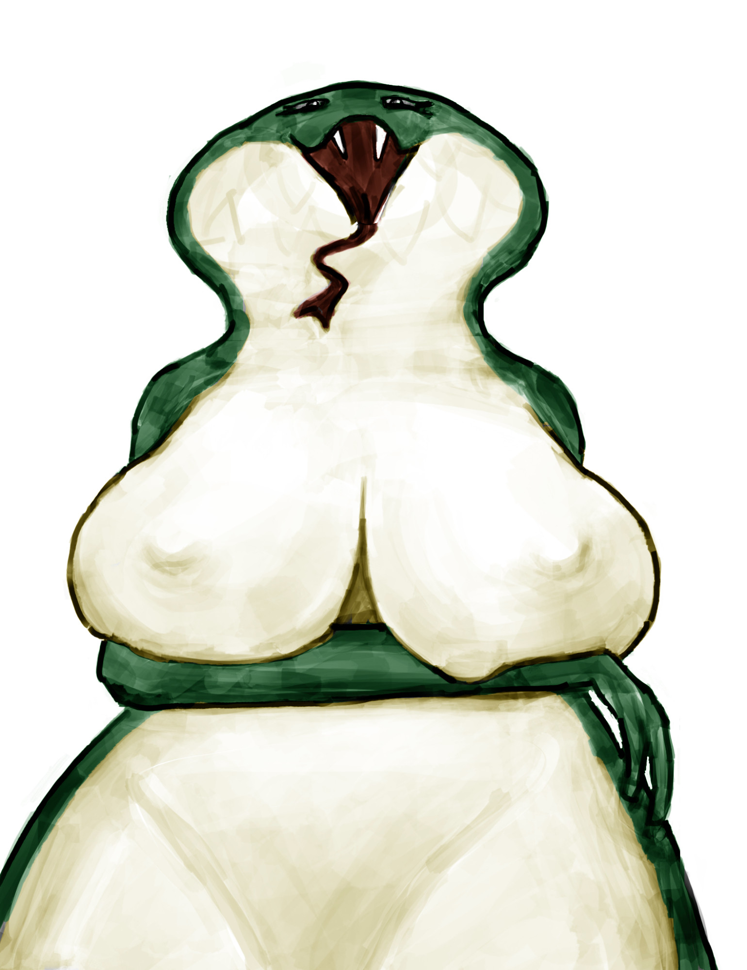 Vyper from deadlock looking down at the viewer with her right hand under her huge tits.