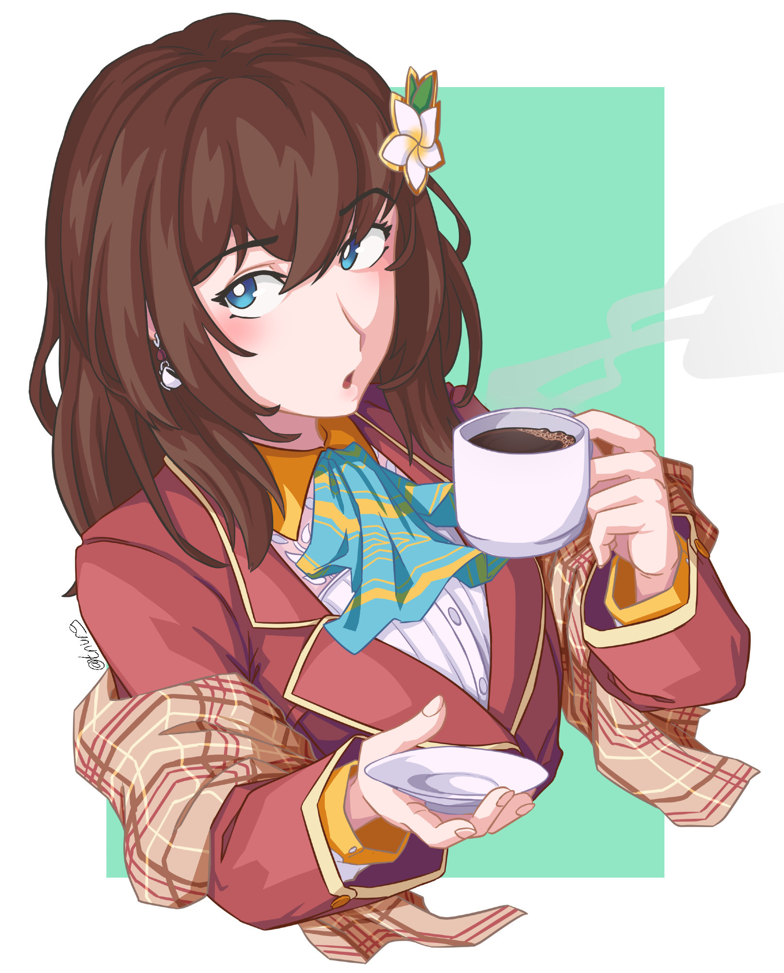 Hana Macchia holding a cup of coffee because that's her thing I guess