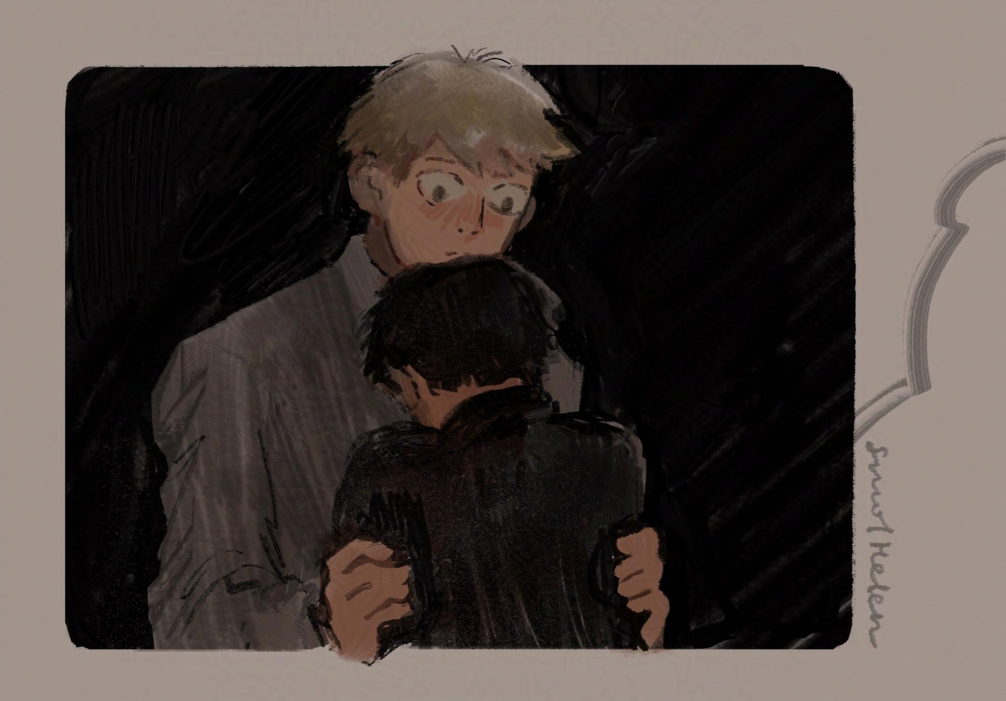 Redraw a scene from mob psycho 100 where Reigen hugs Mob. Warm earth color palette, dark background on beige