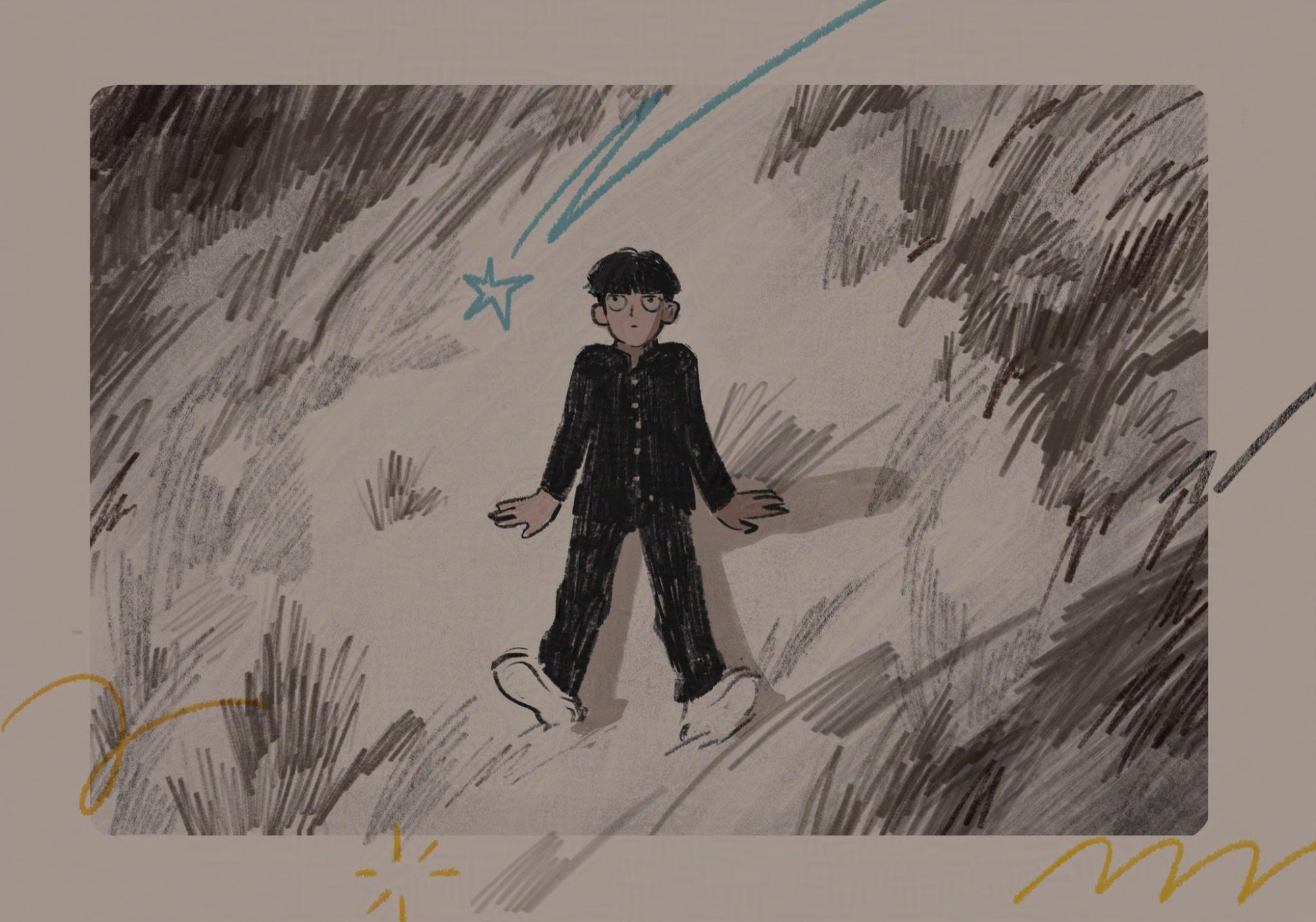 Monochrome drawing of calm Mob sitting on the grass, watching sky. Beige background, black pencil-like drawing, a tiny detail of falling star drawn like blue color pencil 