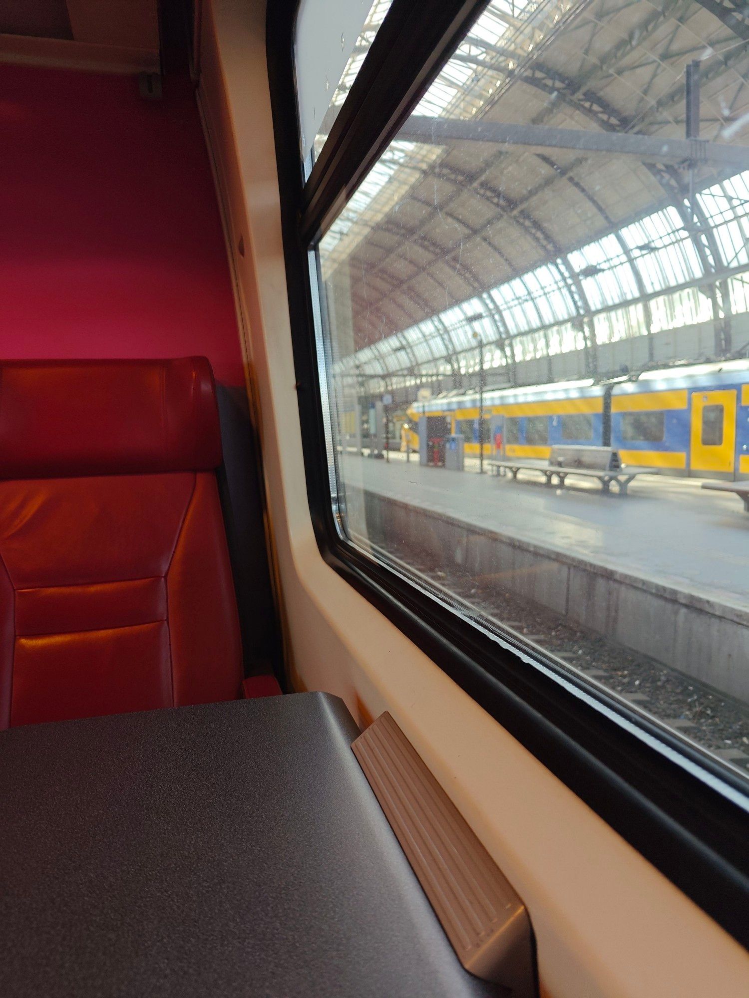 The view from my seat on an IC train, waiting to leave Amsterdam Central.