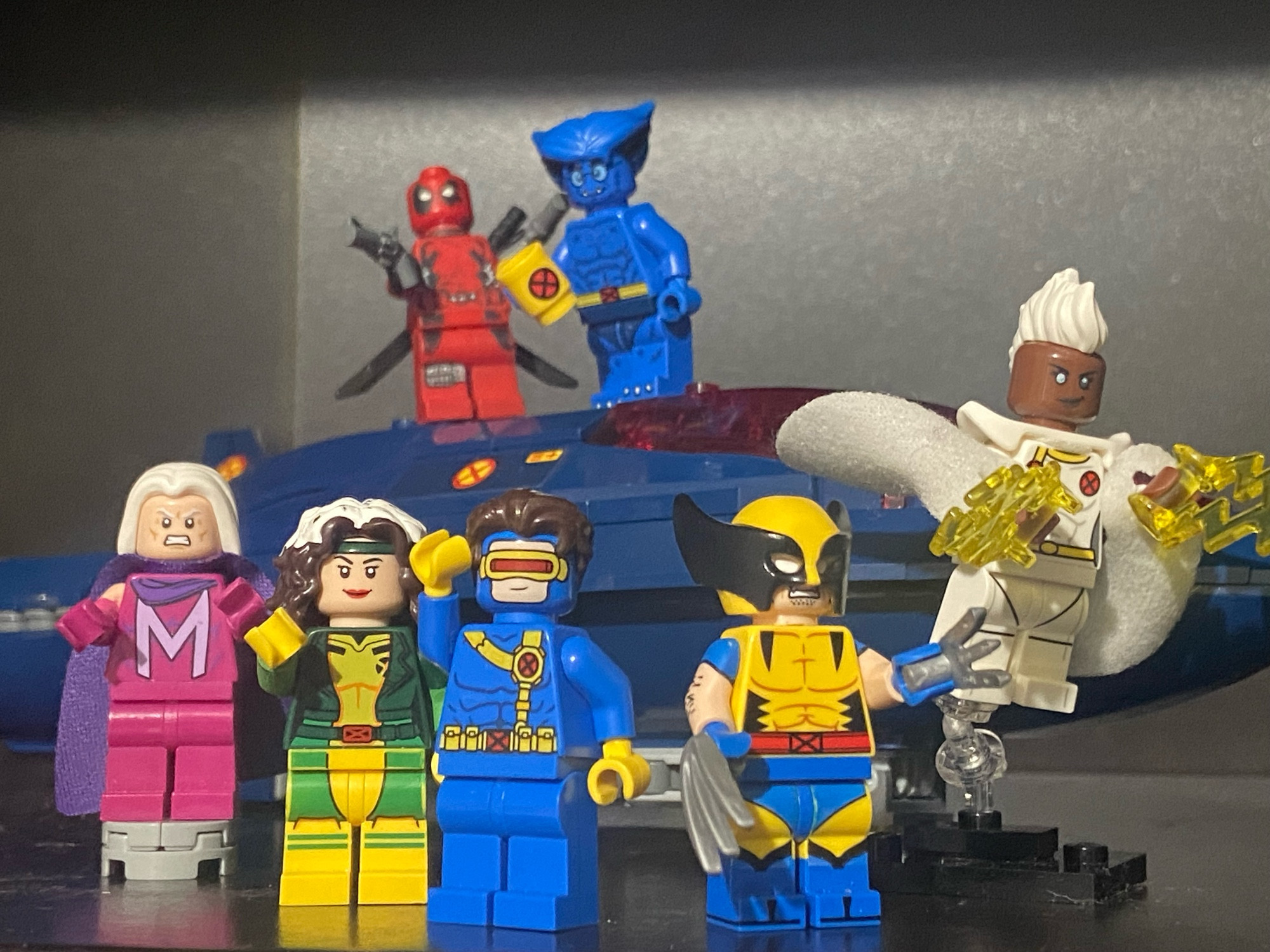 A photo of the Lego X-Men in front of the Lego X-Men Blackbird

From left to right: Magneto, Rogue, Cyclops, Wolverine, and Storm are in the front row. 

Also from left to right are Deadpool and Beast in the back row on-top of the Blackbird.