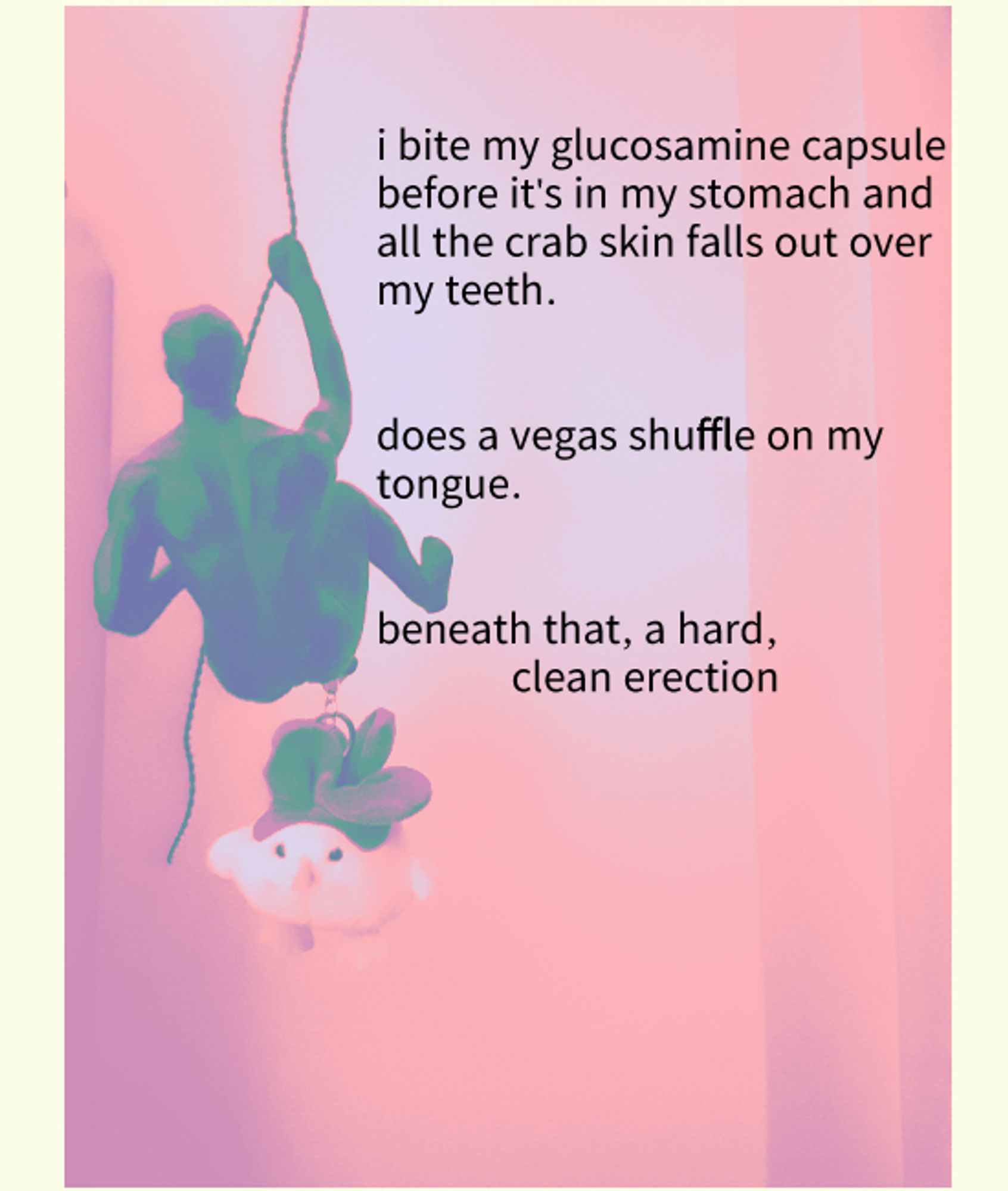 on a pink background a figure hangs from a rope: off of him, a bird-like figure hangs by chain. the words say, "i bite my glucosamine capsule before it's in my stomach and all the crab skin falls out over my teeth. does a vegas shuffle on my tongue. beneath that, a hard, clean erection."