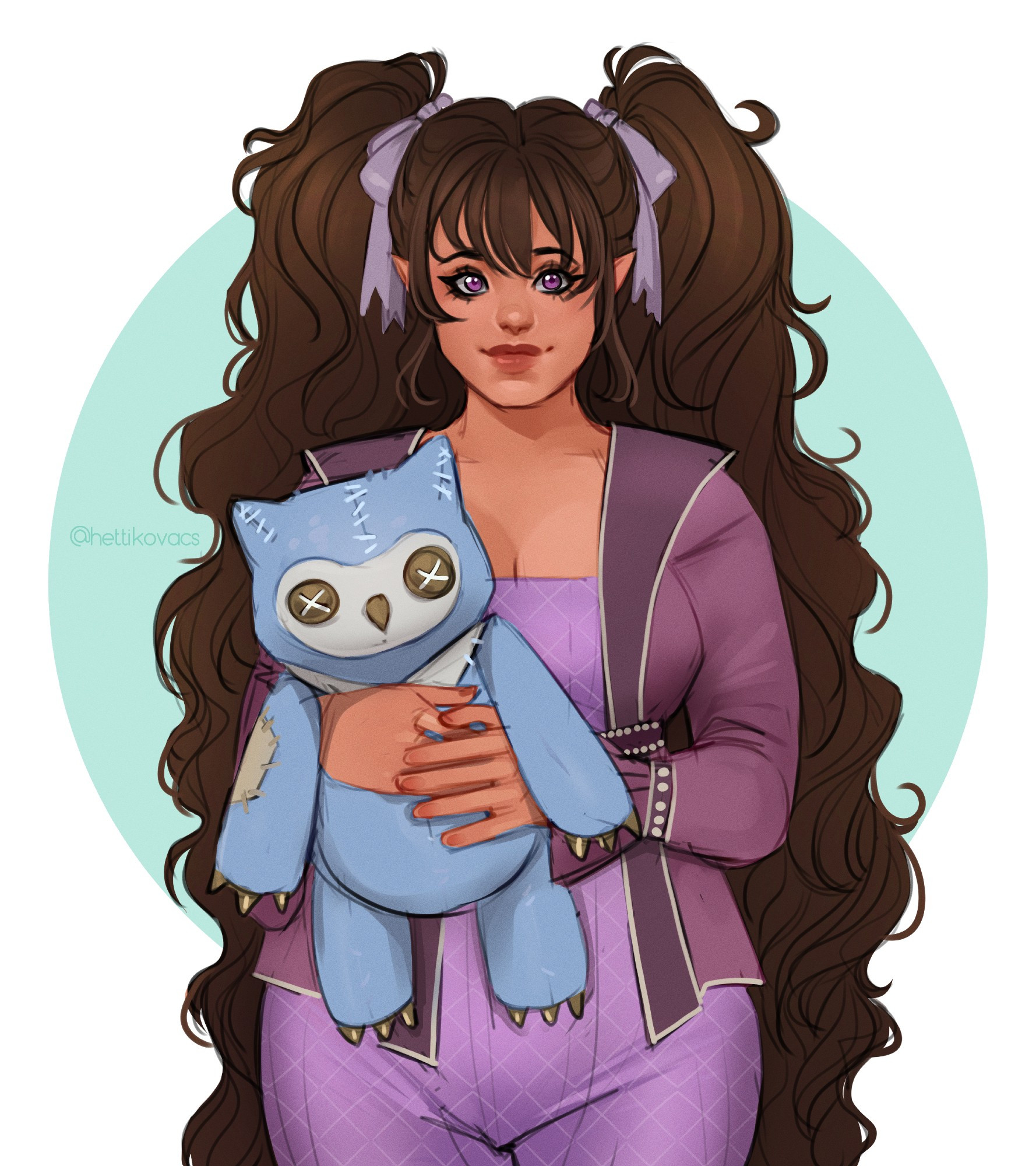 Dandy, my Halfling Bard OC, in her pajamas/camp outfit, holding a stuffed owlbear. Art by HettiKovacs