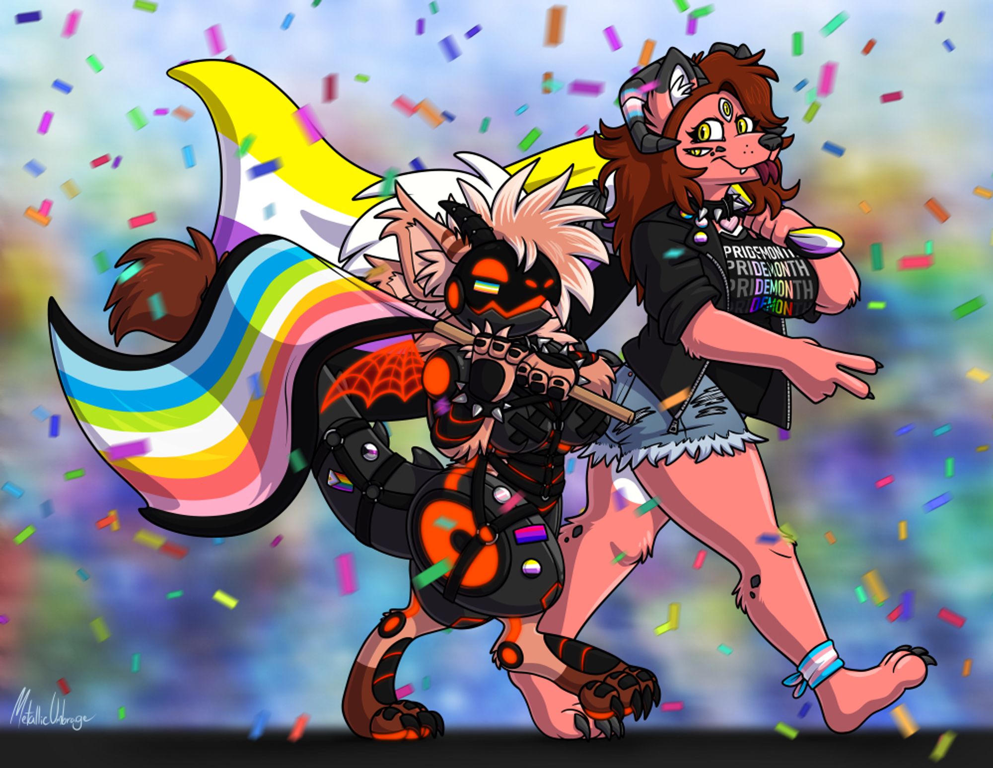 Umber, a cyborg creature with red LED features, a metal chasis, and organic limbs, walking alongside its partner Blimp, a pink furred demon fox with five eyes and ram-like horns. Both are marching happily during a pride parade and being showered with confetti. Umber is holding the queer flag over its shoulder, while Blimp is holding a large nonbinary flag on their shoulder. Umber has various pride magnets on its thigh and tail. Blimp is wearing a shirt that says "PRIDEMONTH" fading into the word "DEMON".