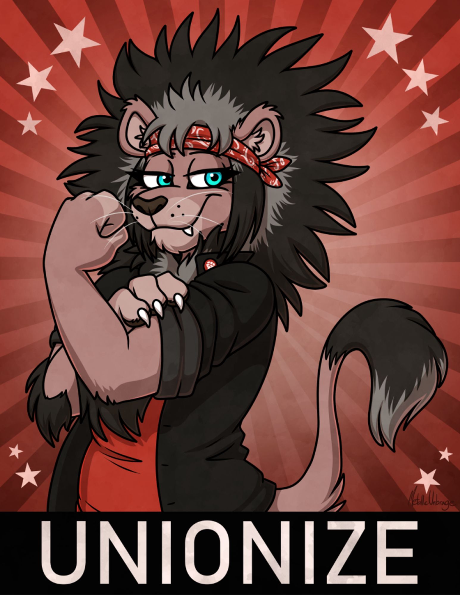 Poster style image of Nikki, a pink-ish furred transfemme lion, flexing her left arm and pushing up her sleeve with her right hand. The text on the bottom says "UNIONIZE".