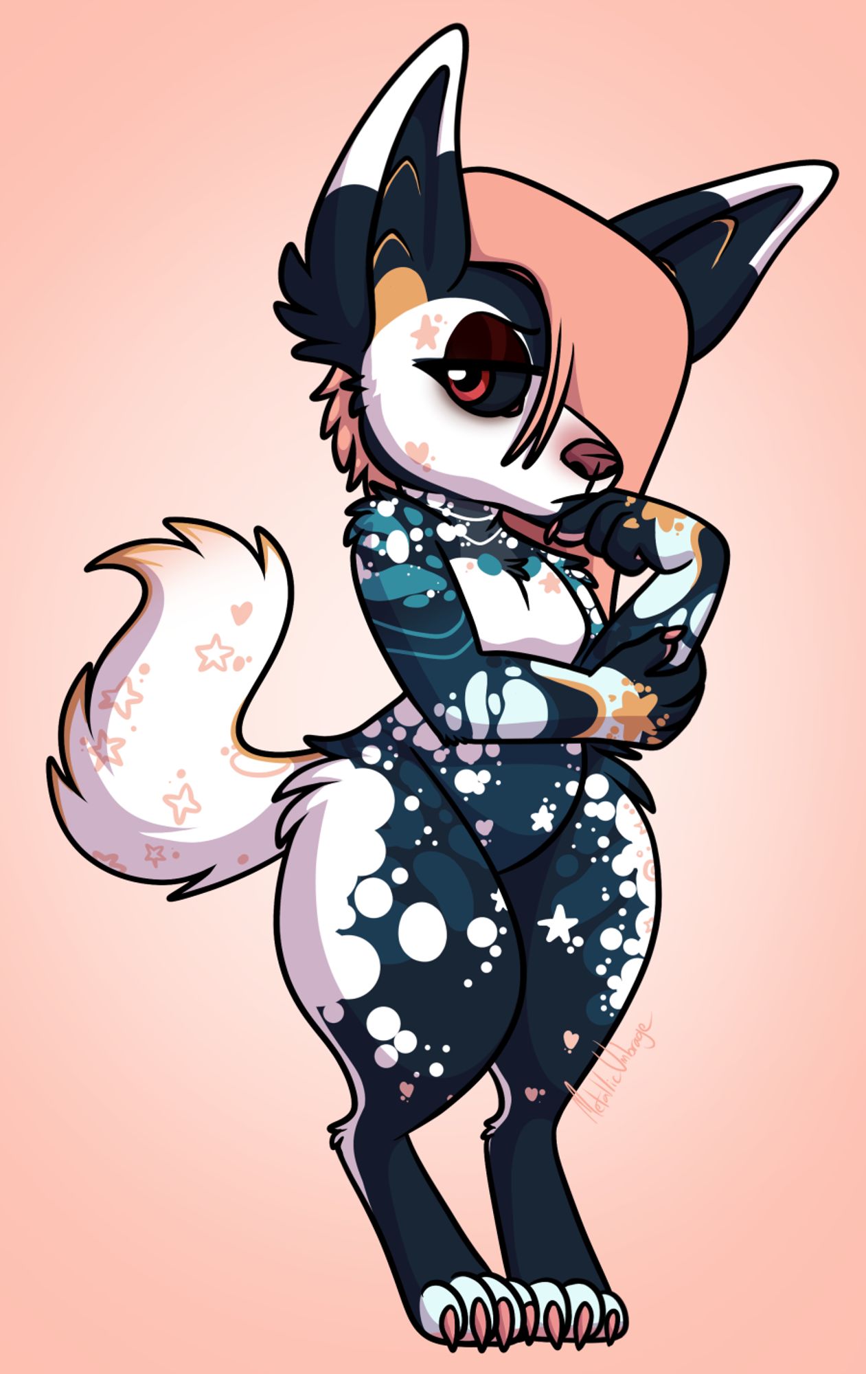 Chibi drawing of a canine character with dark blue fur speckled with white, as well as occasional star and moon shapes. He stands with one hand on the other elbow and the other hand up to his mouth. He has a neutral expression.