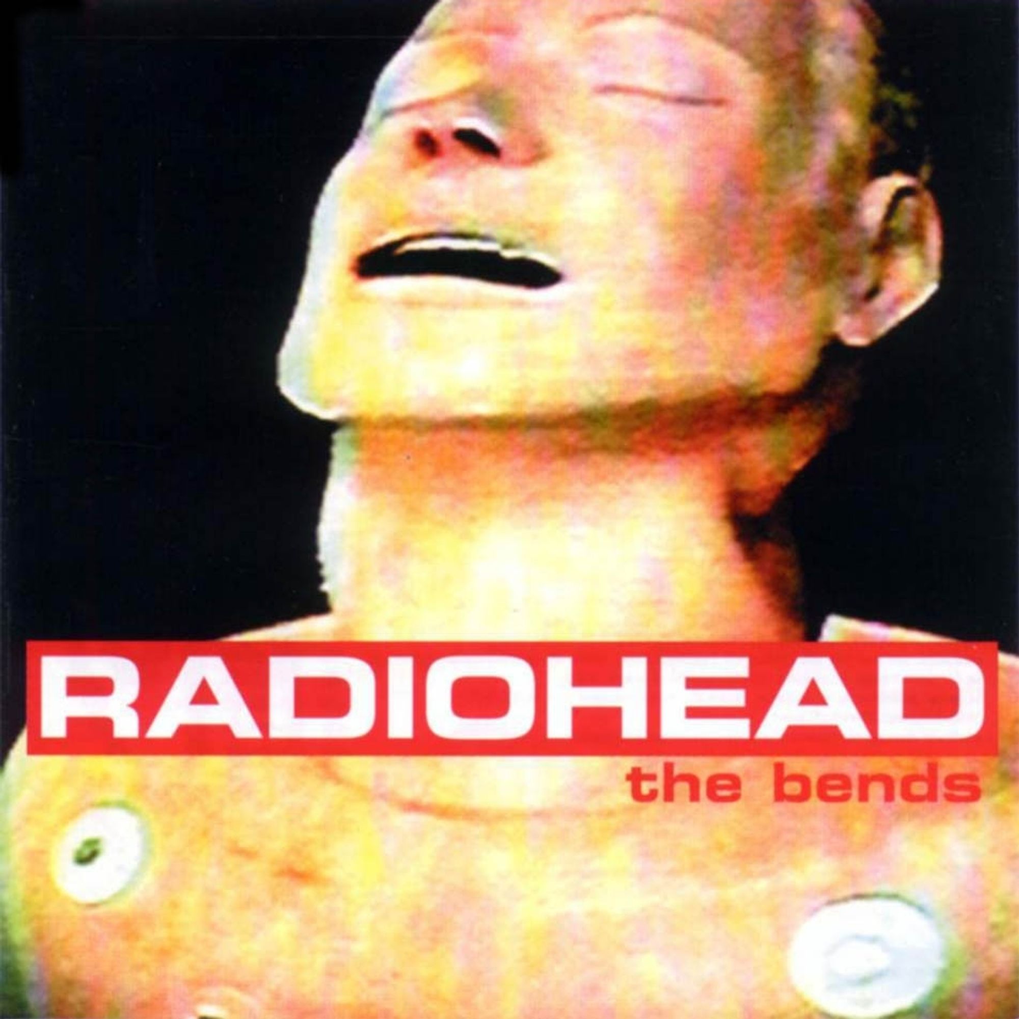 Cover of Radiohead's The Bends album. Computerised person as a bust, with their head thrown back, eyes closed, and mouth partly opened.