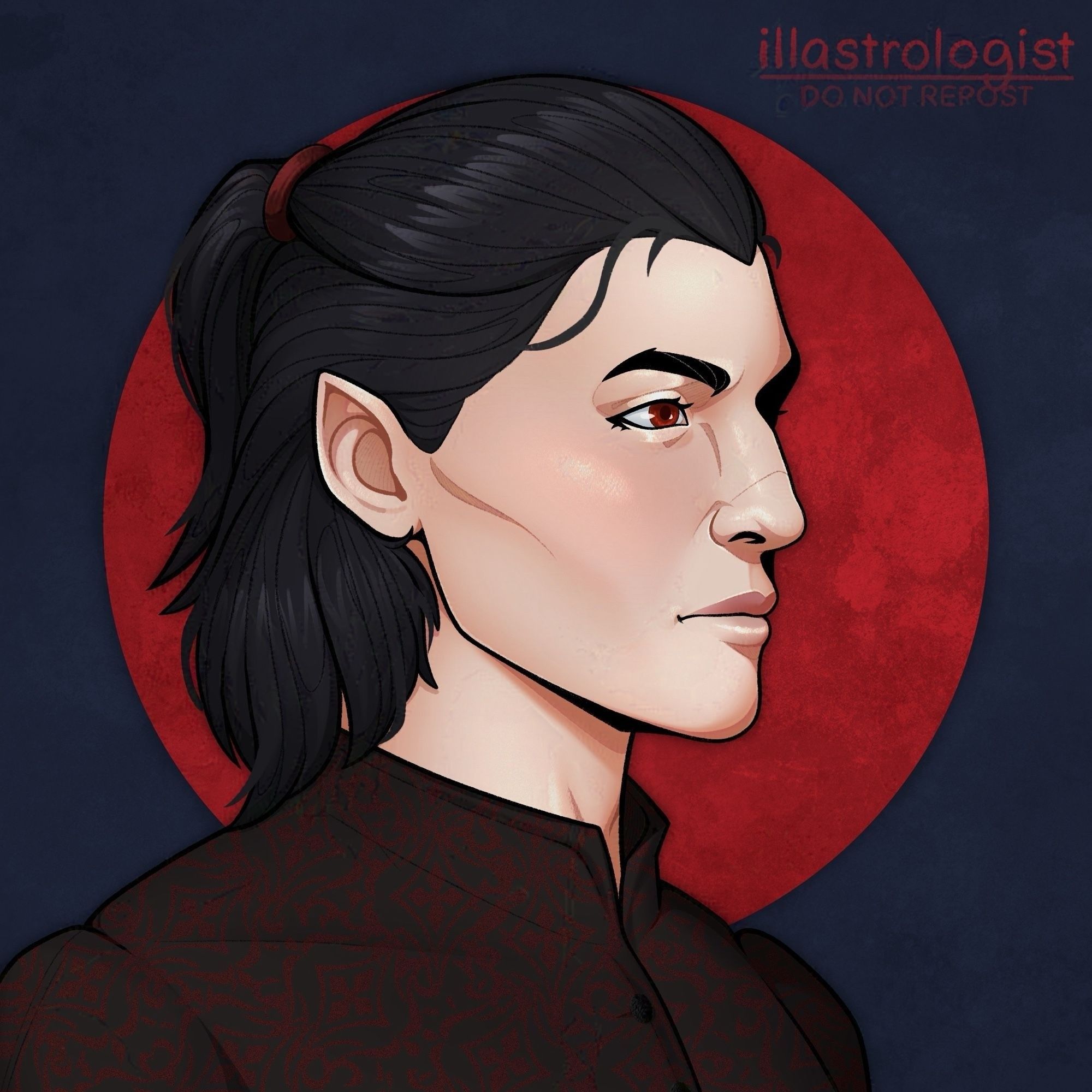 A portrait of a human(?) man, an NPC in our Into the Mists campaign named Vasili. He has pale skin, black hair, deep red eyes, and pointed ears. He wears a dark shirt adorned with intricate red embroidery. His expression is stoic and his posture is rigid, like a solider. He almost looks… like a familiar enemy.