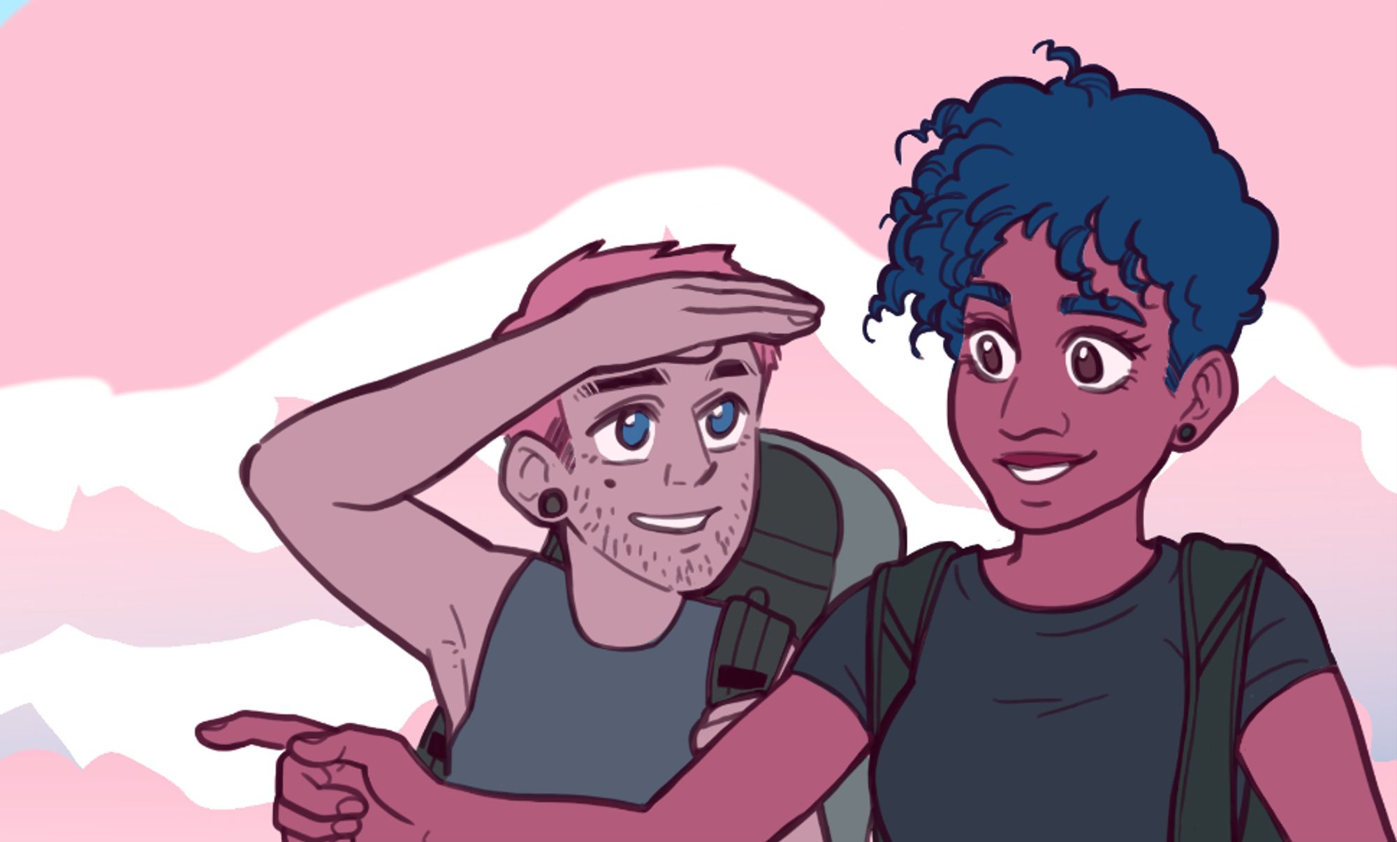 A trans woman and a trans man with hicking backpacks, there is a very simple sketch of a mountain in the back, the back is mainly baby pink and white, but there is some baby blue to come in it soon.