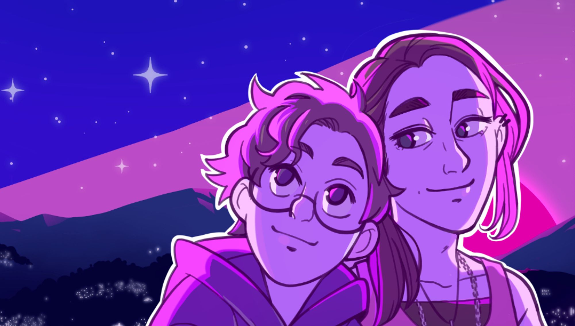 A couple of bisexuals stargazing lovingly and biflag color coded. The small one has curly short hair and big glasses, the tall one has long silky hair and a long face.