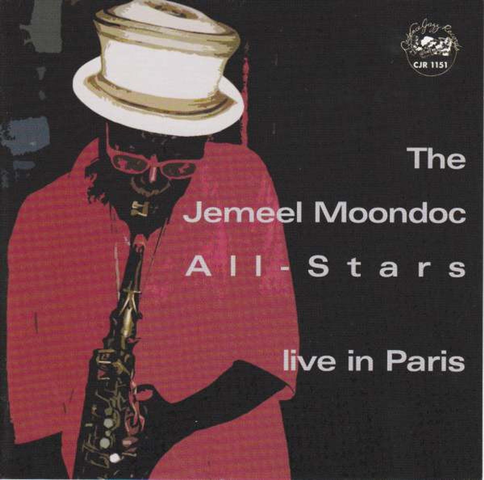 album cover displaying a drawing of Moondoc in a red checkered and short-sleeved shirt, wearing red glasses and a big white hat while playing alto sax in front of a mostly black background