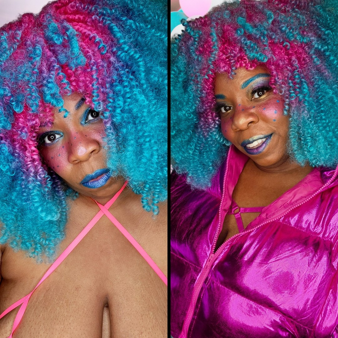 Side by side photos of TaLynn Kel with blue and pink hair, wearing pink clothing. 