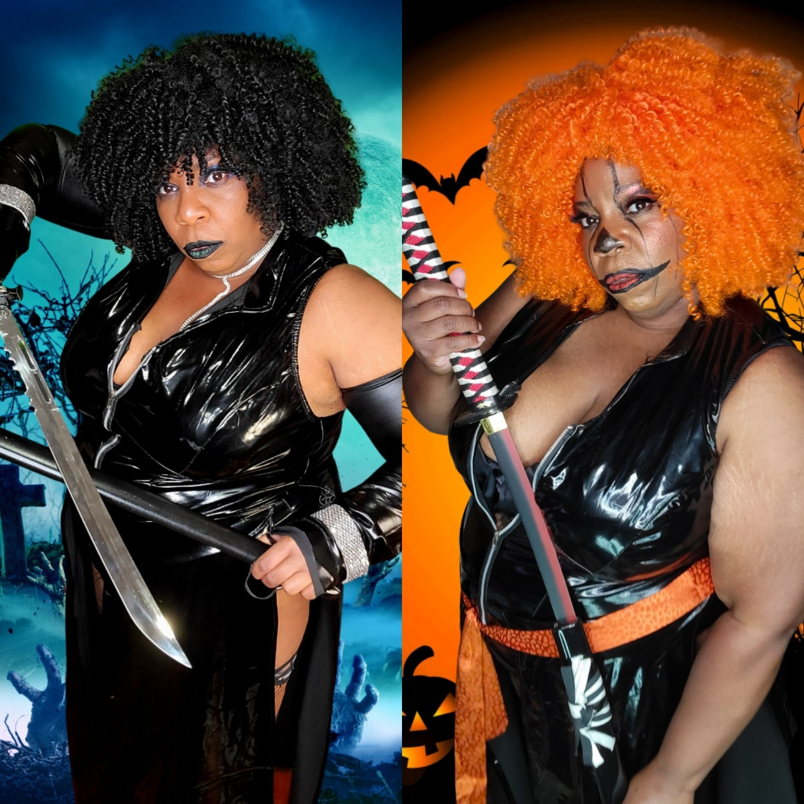 Two photos of TaLynn Kel side by side wearing a black vinyl top. In photo on the left, her hair is black and curly.  In the photo on the right, her hair is orange and curly and she's wearing makeup to look like a jack o'lantern.