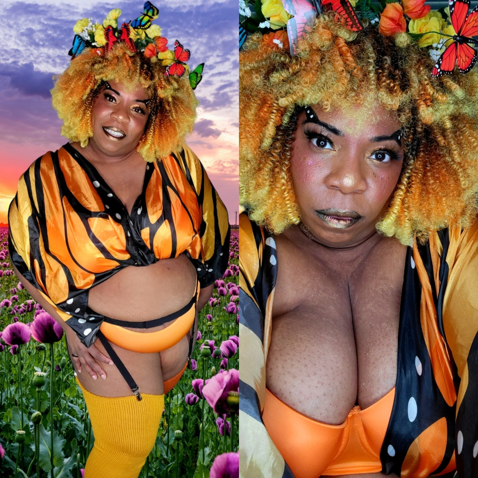 Two photos. Left photo of a fat Black woman with curly yello, orange, and black hair, wearing a yellow, orange, and black monarch butterfly pattern top, orange underwear, and a mustard yellow thigh high sock. Right photo: close up of same Black woman wearing the butterfly top with her orange bra exposed. She is also wearing a flower crown.