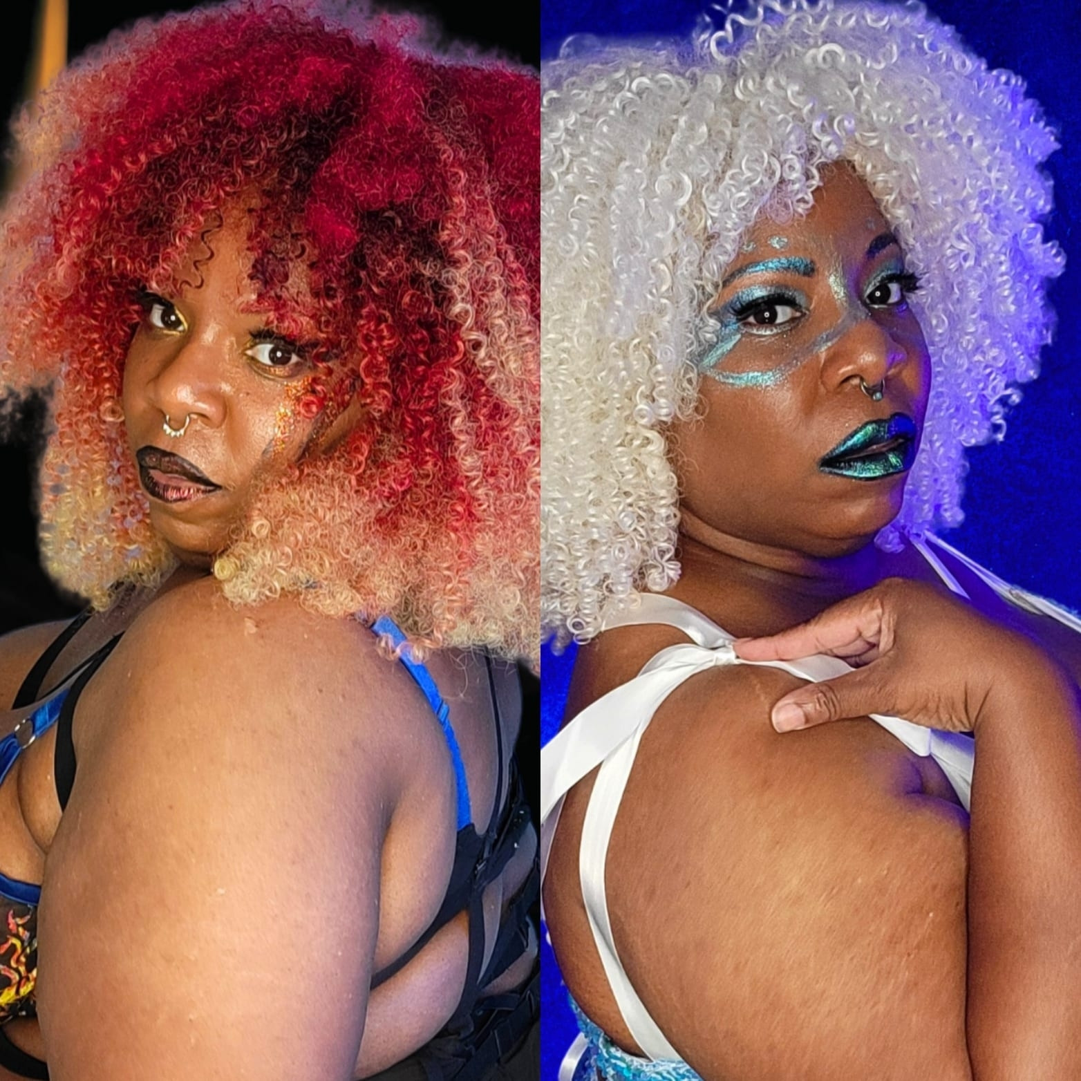 2 photos of a fat Black woman (TaLynn Kel).
Left photo: TaLynn with shoulder length curly red/blonde ombre hair, with red and black makeup and a noise ring is seductively looking over her shoulder at the camera. 

Right photo: TaLynn with shoulder length curly white hair and metallic blue makeup is seductively looking over her shoulder at the camera.