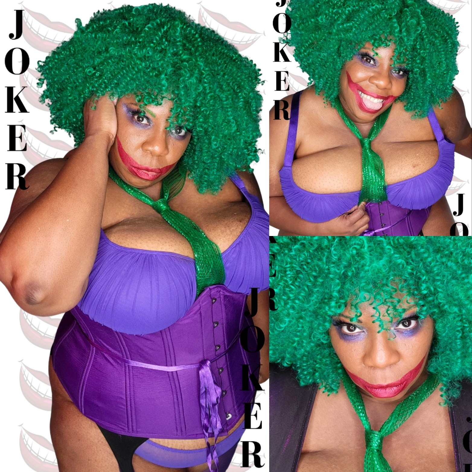 Three images of a Black woman dressed as The Joker.