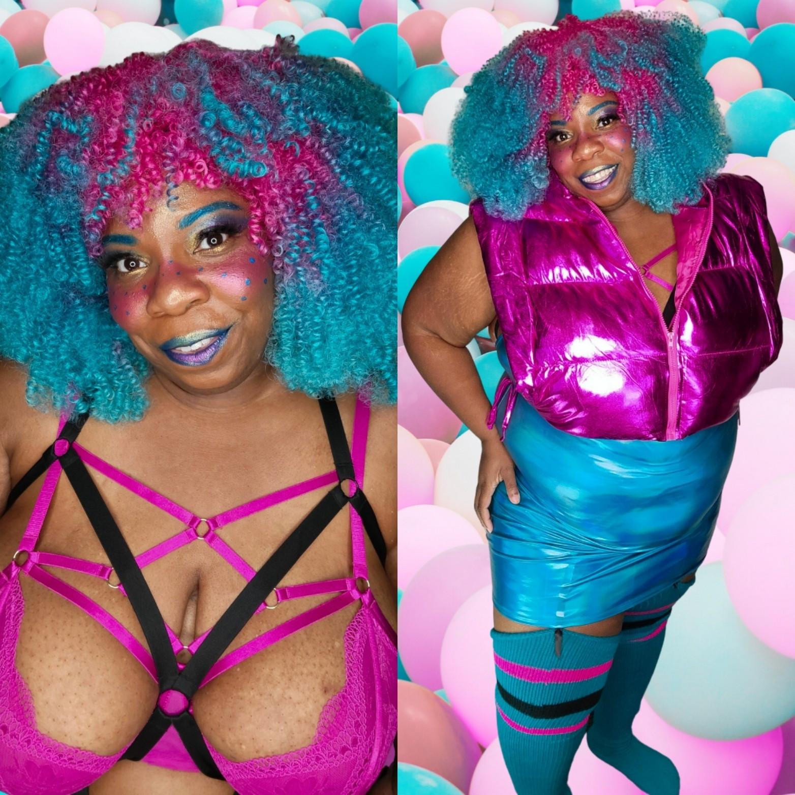 Side by side images of TaLynn Kel with blue and pink curly hair. The firdt photo is a headshot where she's wearing a bright pink bra and black body harness.  The second photo she's.  wearing a metallic pink vest, metallic blue dress and blue thigh high socks with black and pink stripes at the top. 