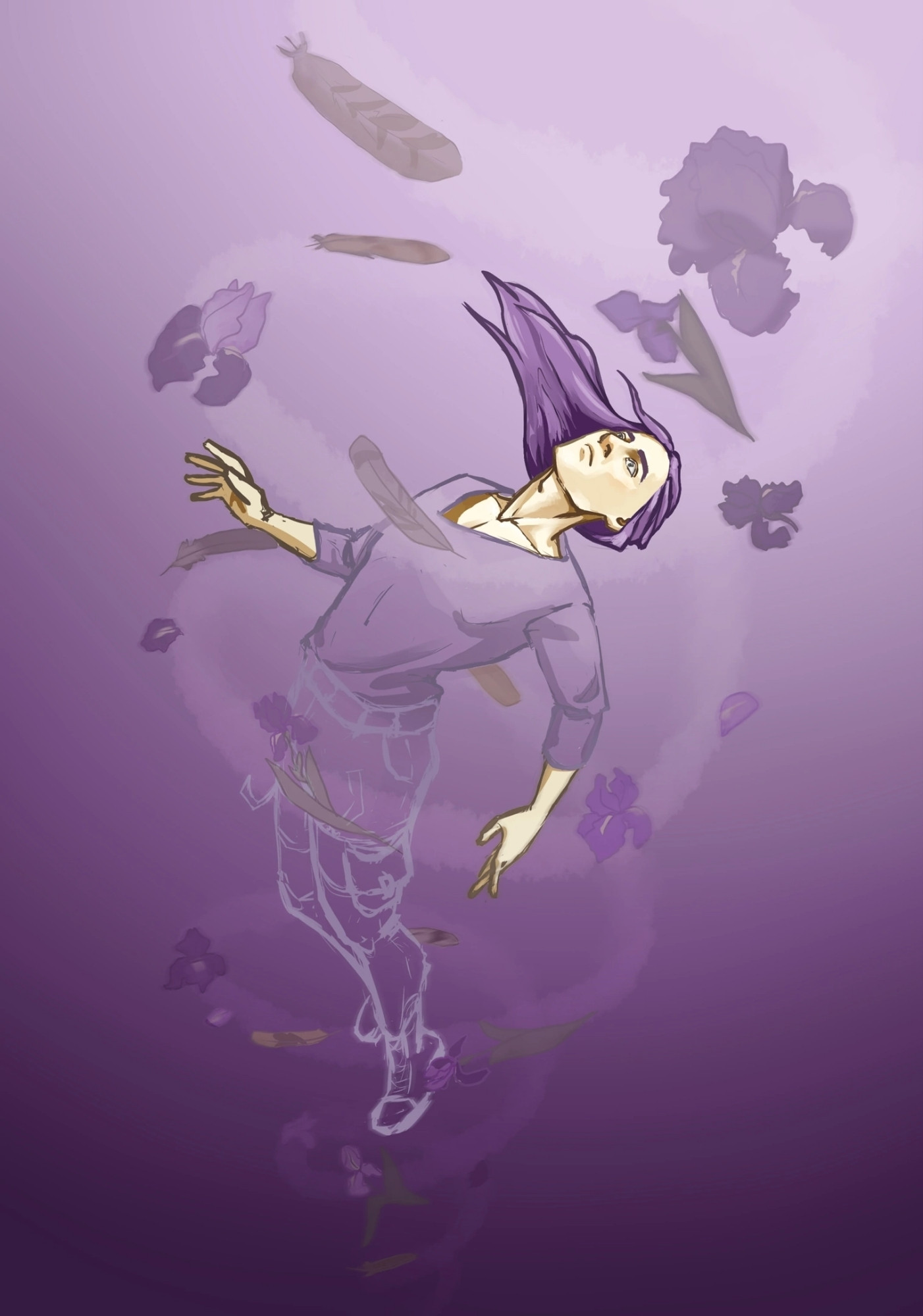 A shocked guy with purple hair falls into the abyss surrounded by irises and feathers