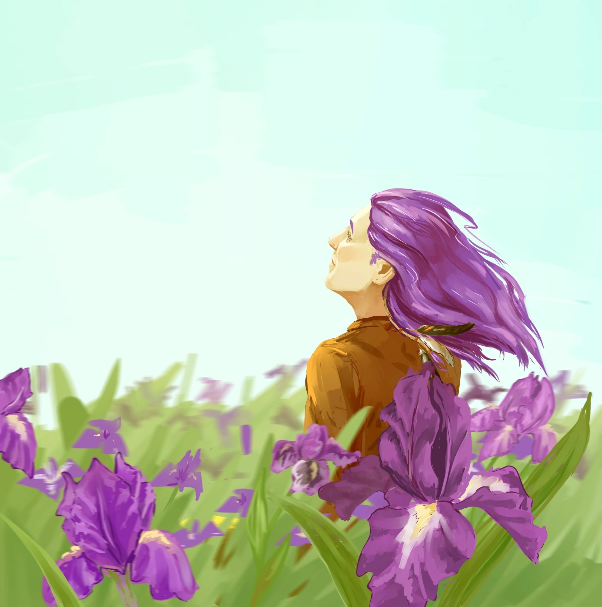 A guy with violet hair enjoi the sun on the field with irises